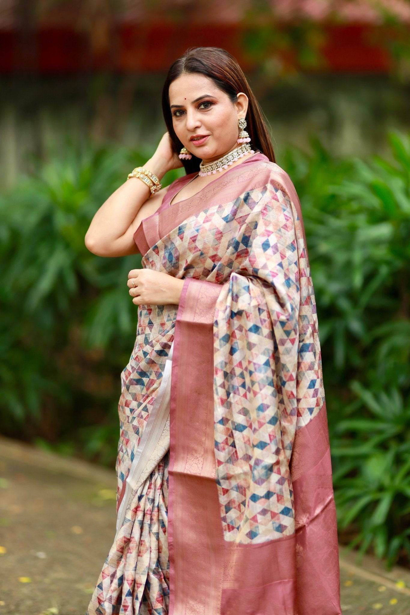 Elegant Banarasi Digital Printed Saree with Rose Gold Zari Border and Tassels - SEEANS