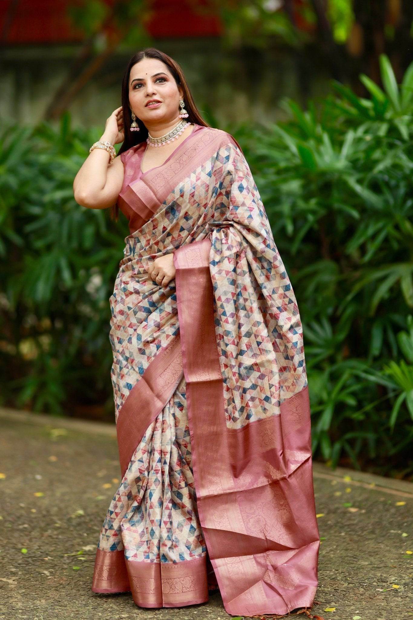Elegant Banarasi Digital Printed Saree with Rose Gold Zari Border and Tassels - SEEANS