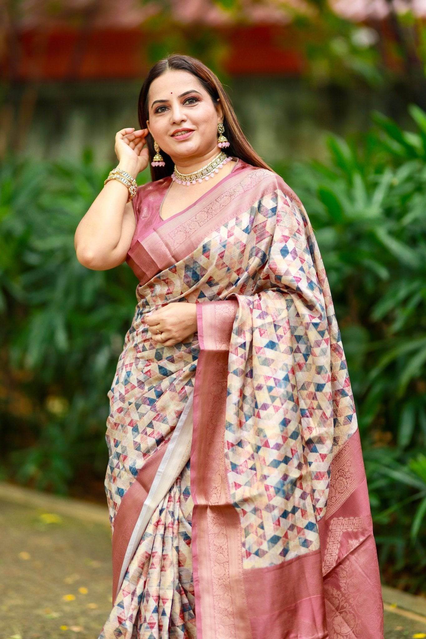Elegant Banarasi Digital Printed Saree with Rose Gold Zari Border and Tassels - SEEANS