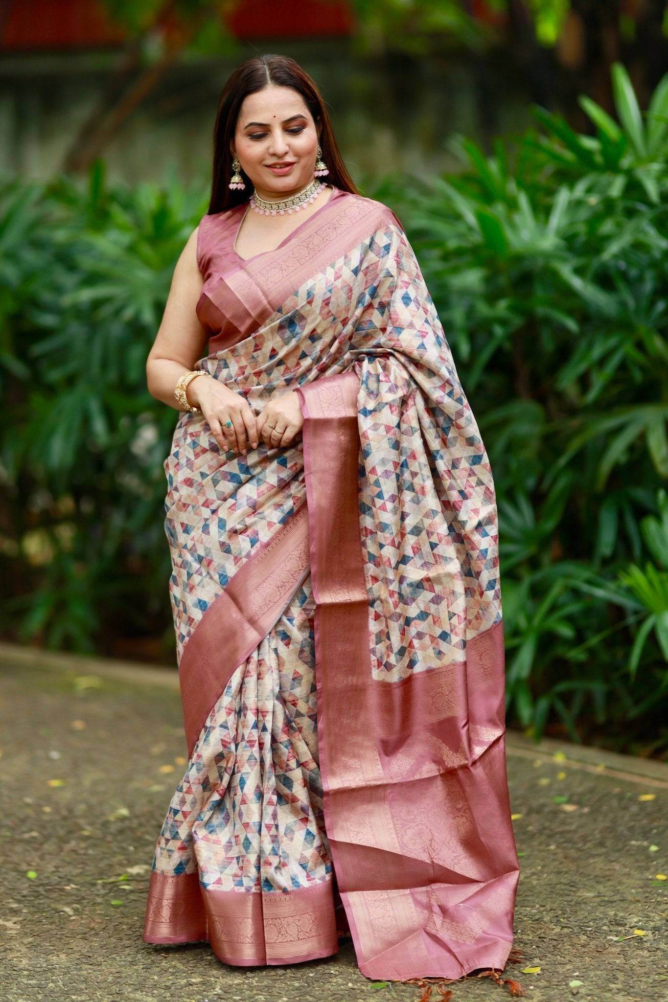 Elegant Banarasi Digital Printed Saree with Rose Gold Zari Border and Tassels - SEEANS
