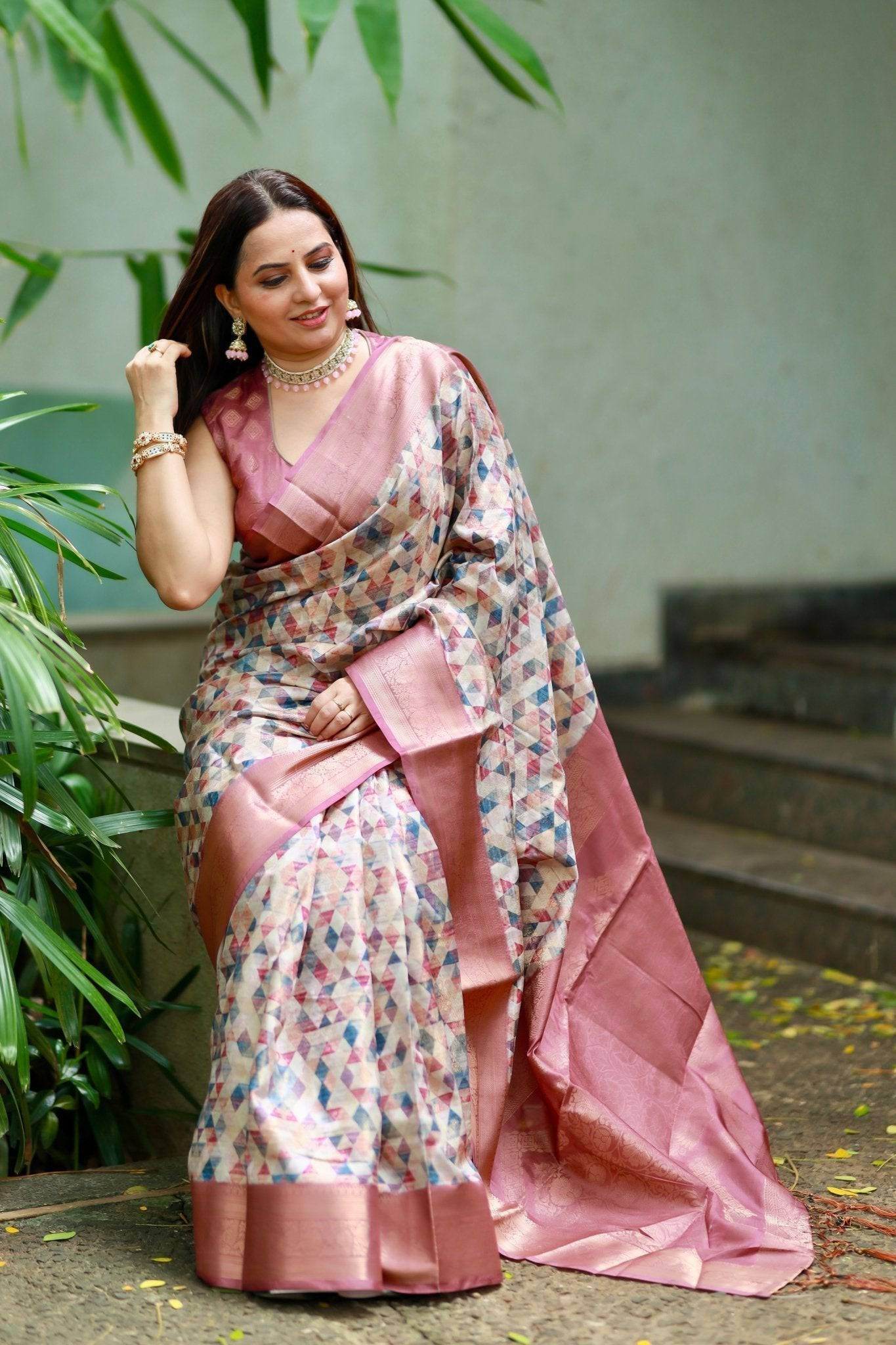 Elegant Banarasi Digital Printed Saree with Rose Gold Zari Border and Tassels - SEEANS