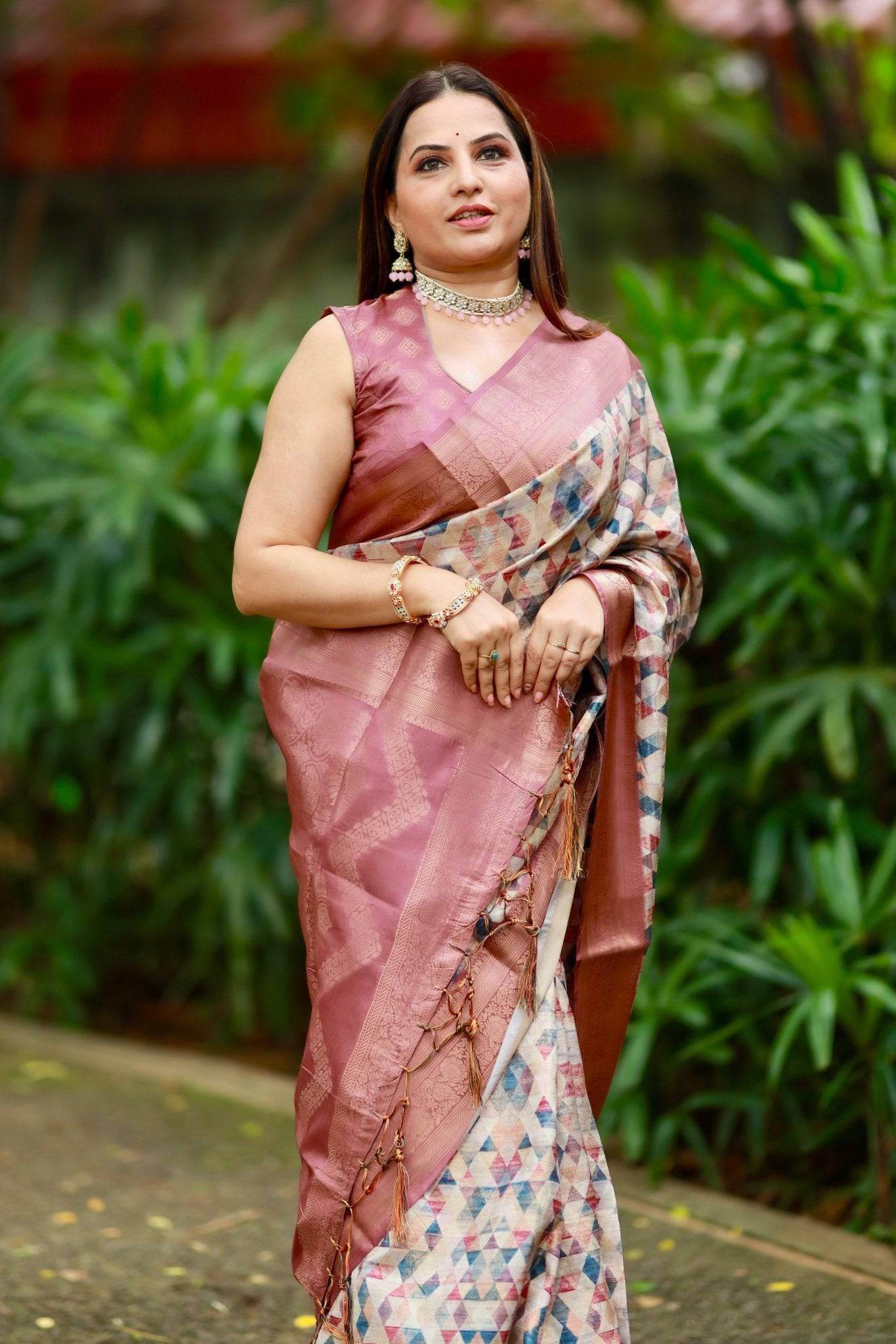 Elegant Banarasi Digital Printed Saree with Rose Gold Zari Border and Tassels - SEEANS