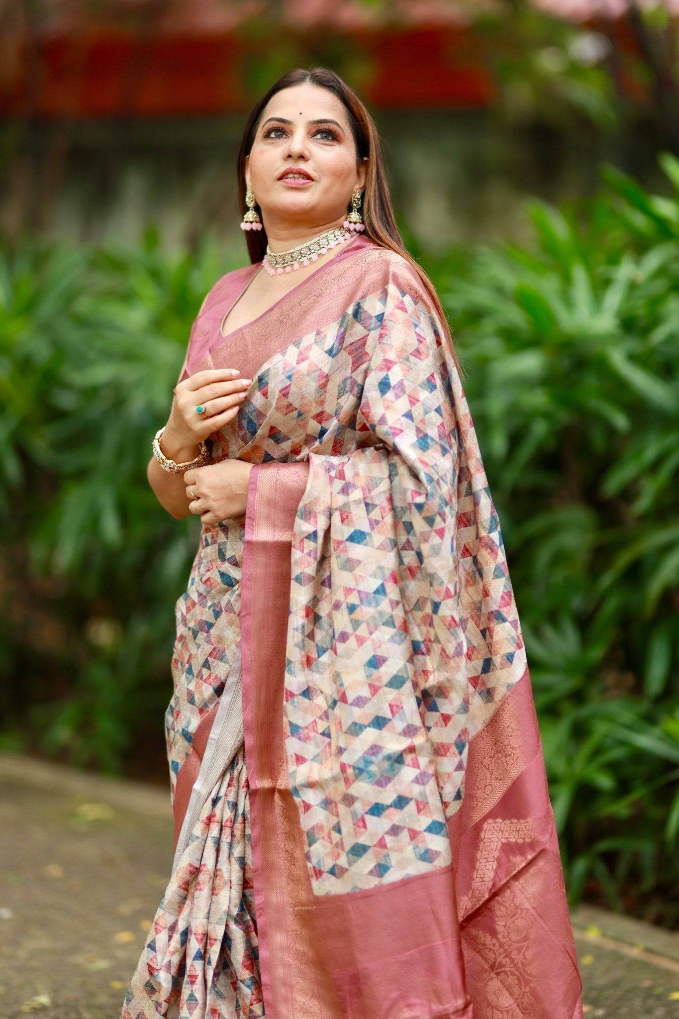 Elegant Banarasi Digital Printed Saree with Rose Gold Zari Border and Tassels - SEEANS