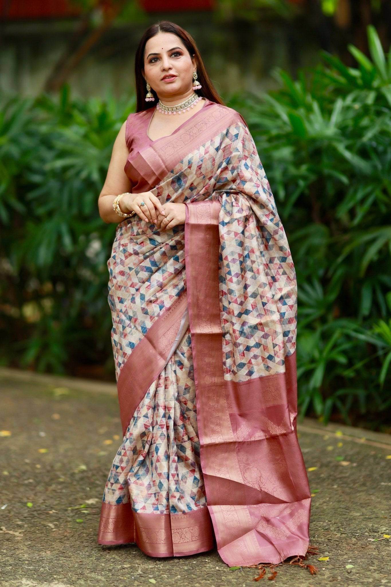 Elegant Banarasi Digital Printed Saree with Rose Gold Zari Border and Tassels - SEEANS