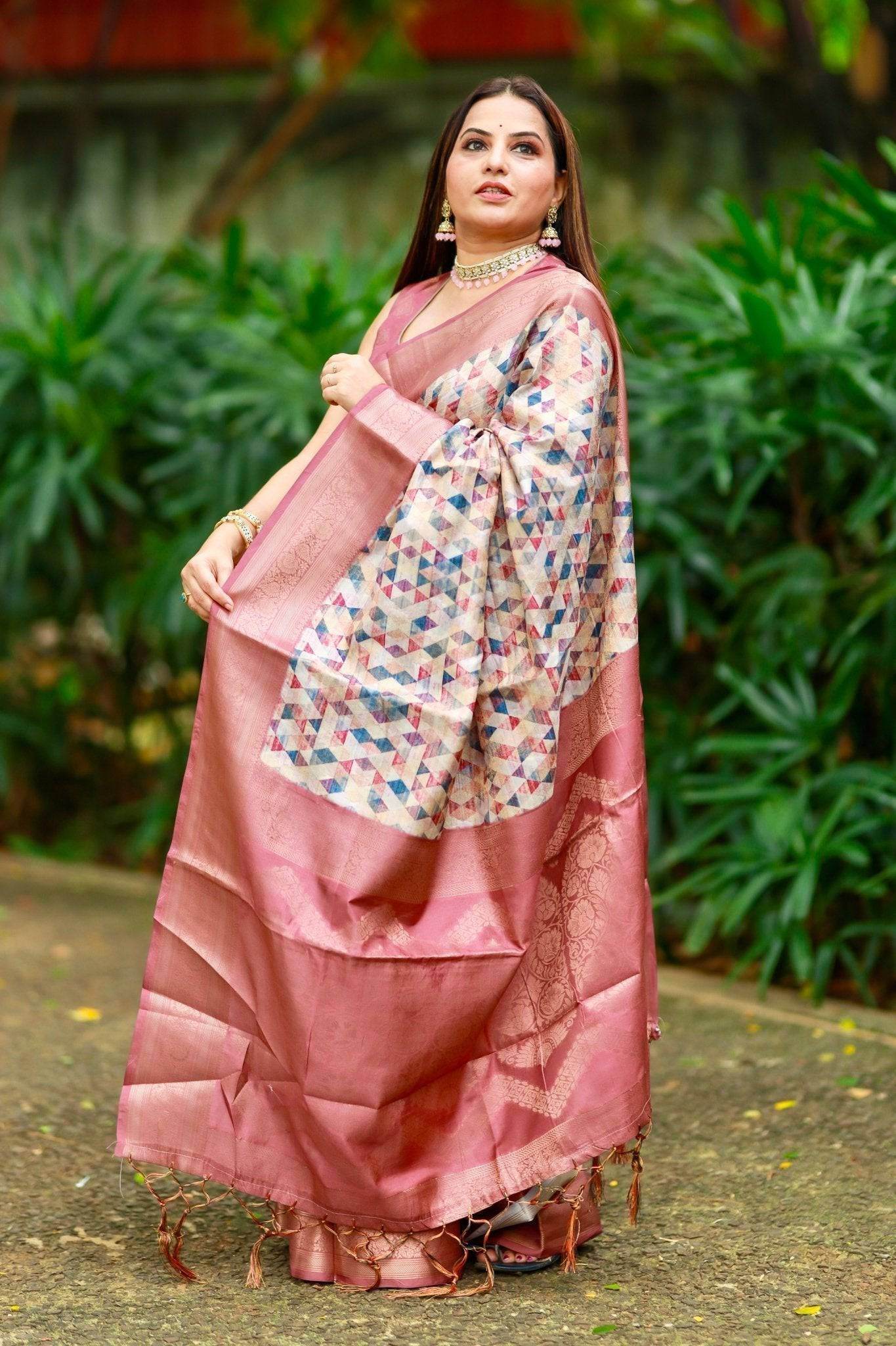 Elegant Banarasi Digital Printed Saree with Rose Gold Zari Border and Tassels - SEEANS
