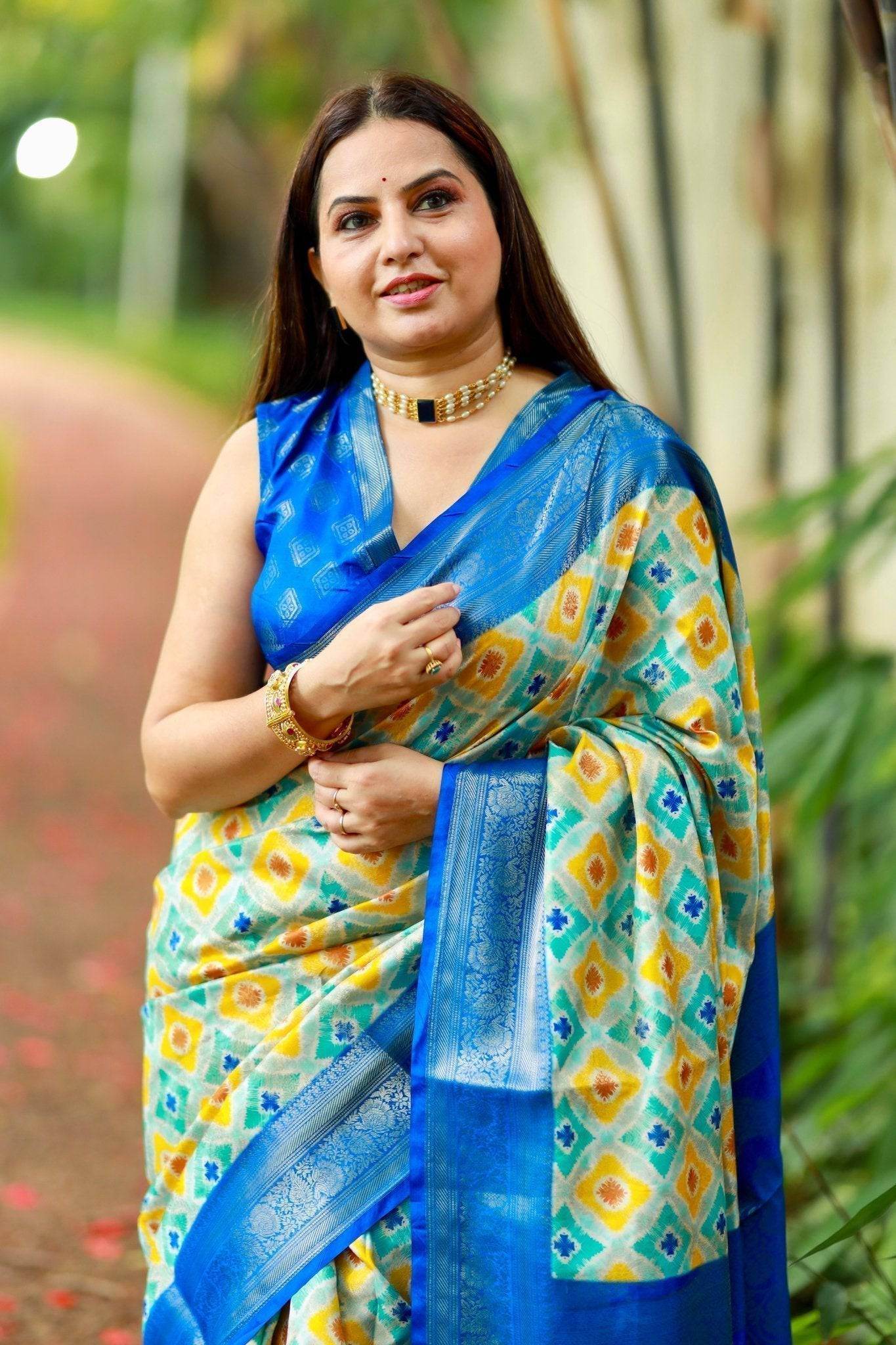 Vibrant Banarasi Digital Printed Saree with Royal Blue Zari Border - SEEANS