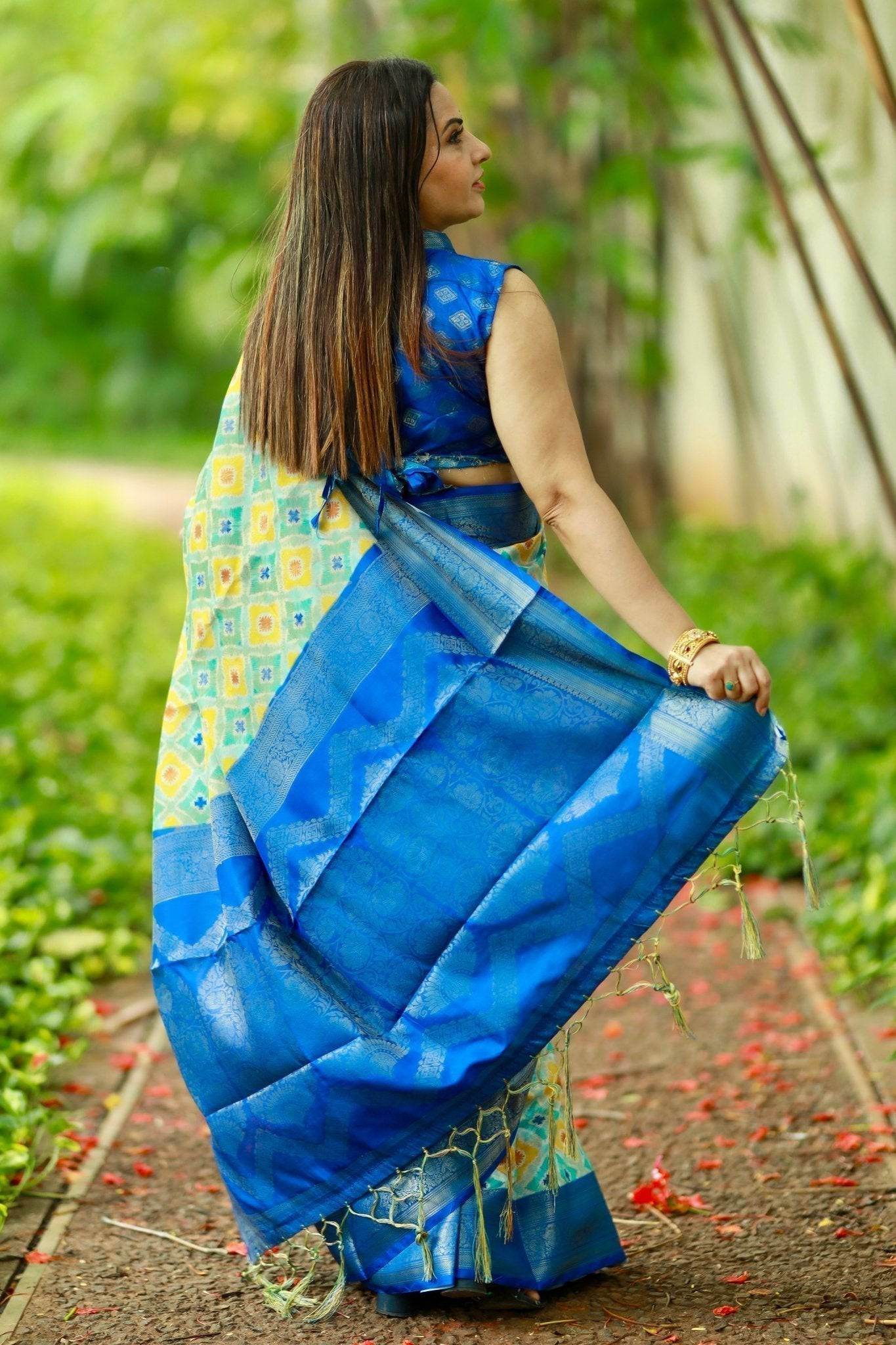 Vibrant Banarasi Digital Printed Saree with Royal Blue Zari Border - SEEANS