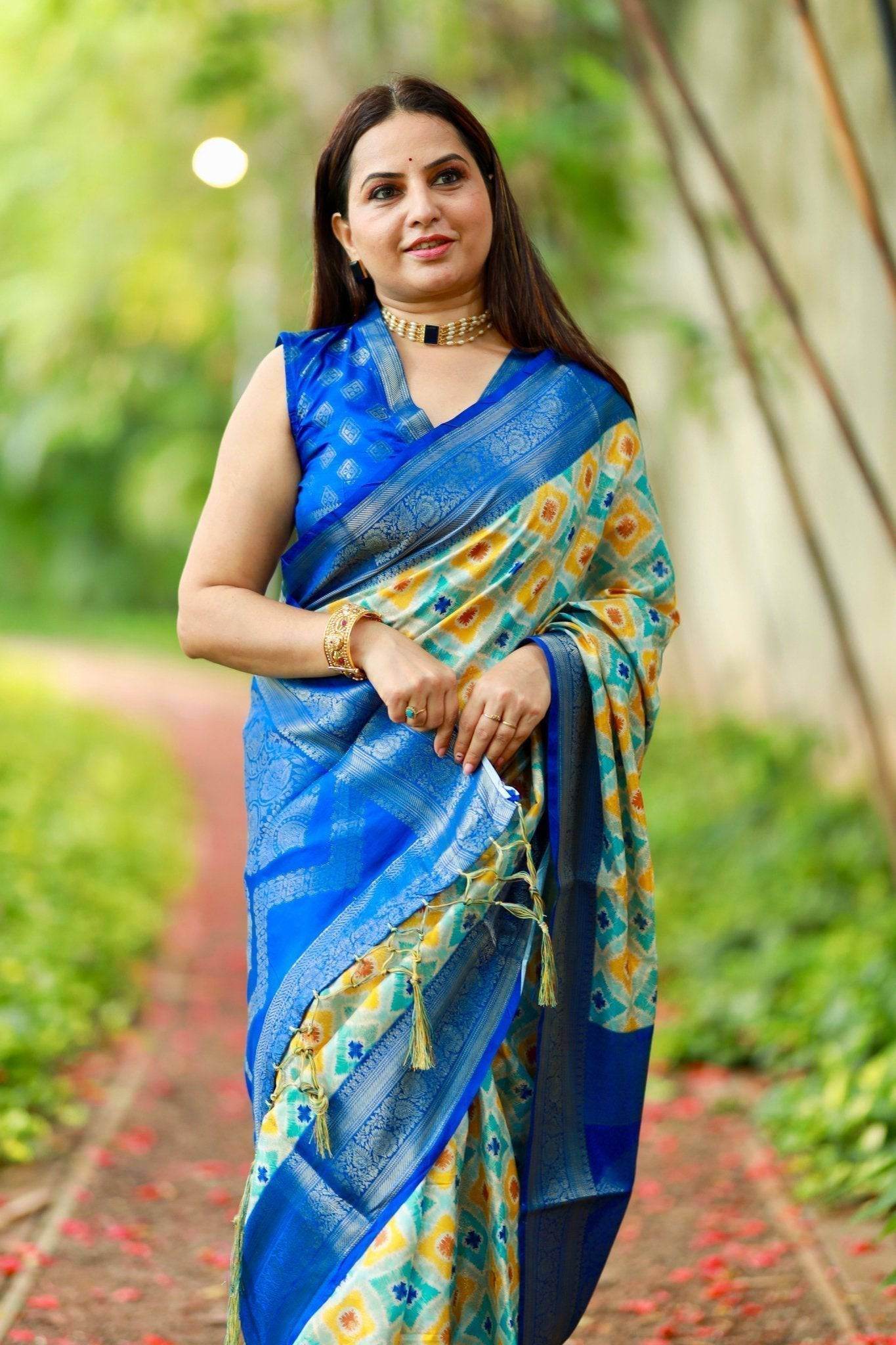 Vibrant Banarasi Digital Printed Saree with Royal Blue Zari Border - SEEANS