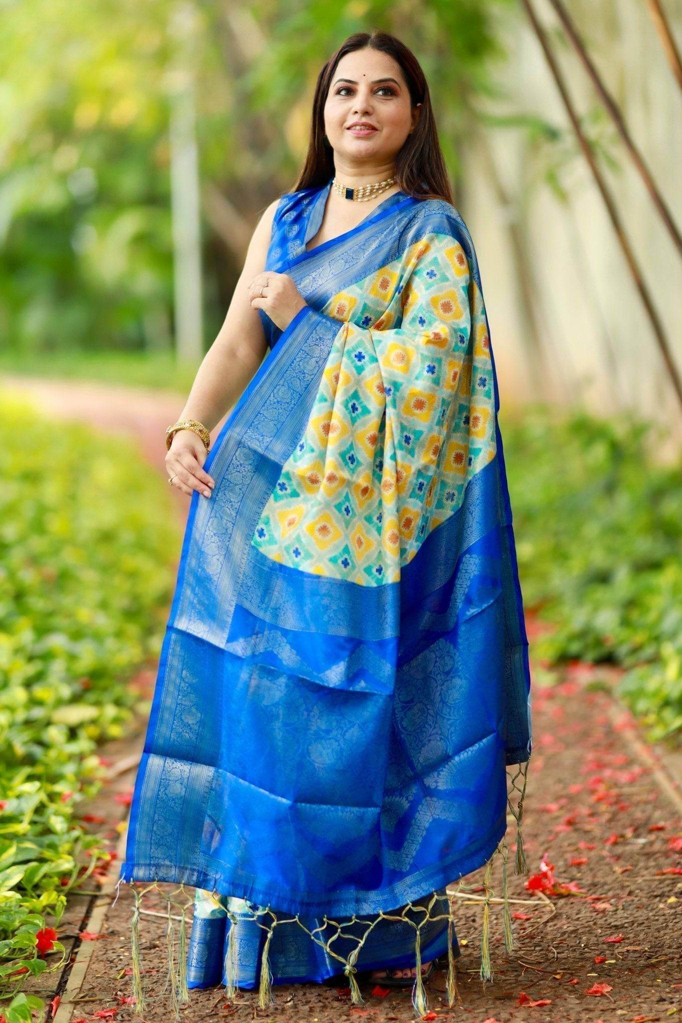 Vibrant Banarasi Digital Printed Saree with Royal Blue Zari Border - SEEANS