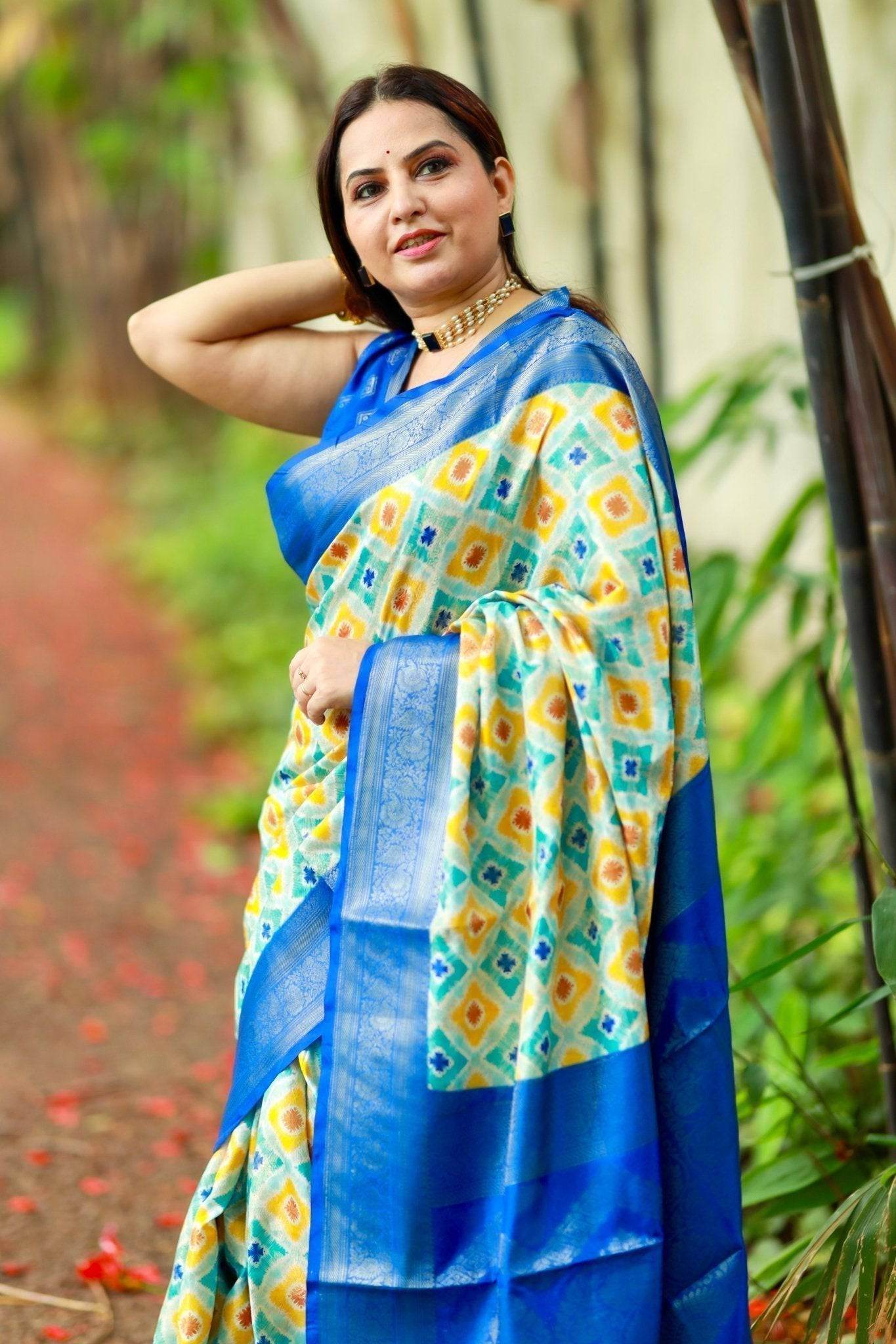 Vibrant Banarasi Digital Printed Saree with Royal Blue Zari Border - SEEANS