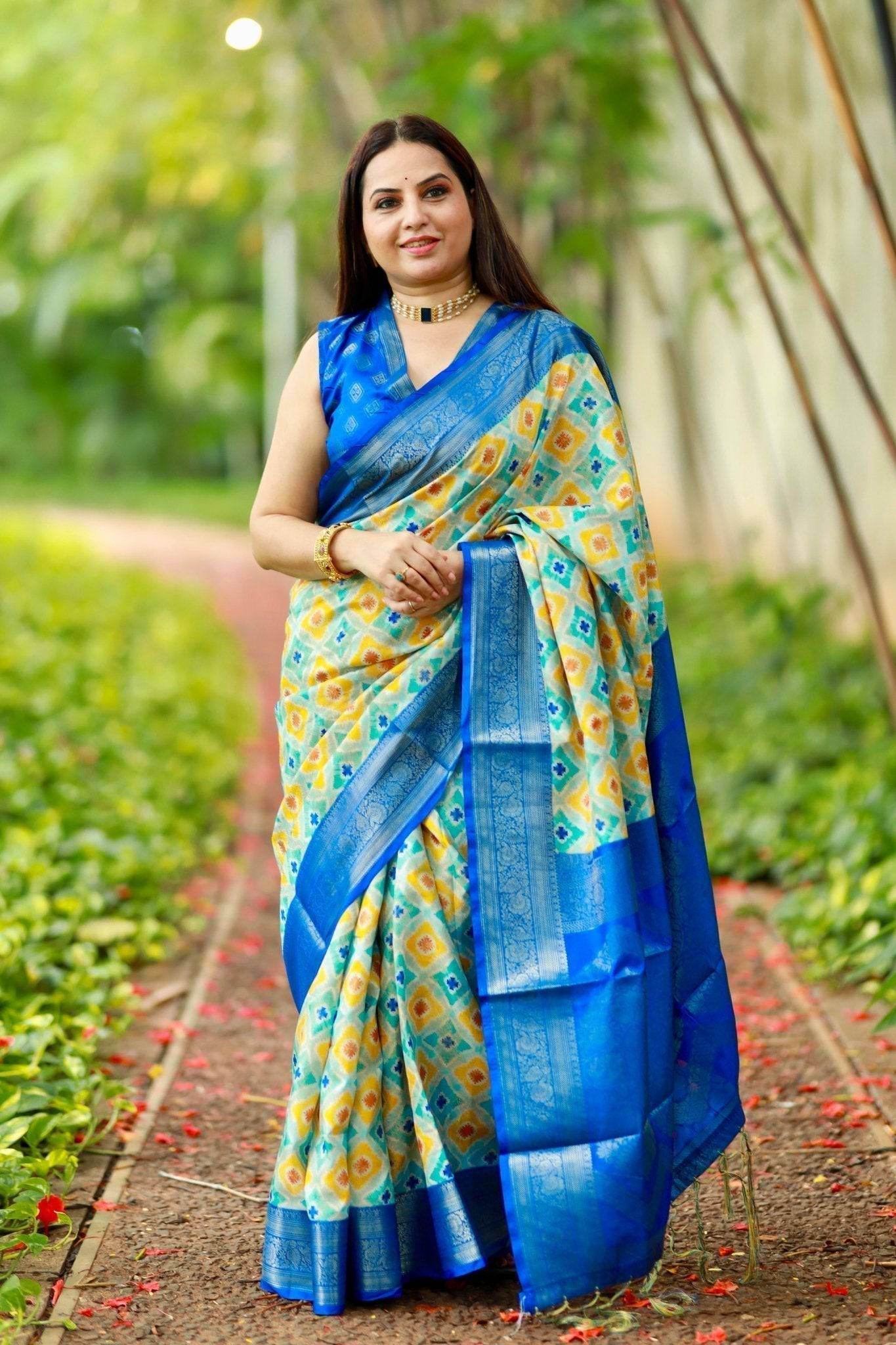Vibrant Banarasi Digital Printed Saree with Royal Blue Zari Border - SEEANS