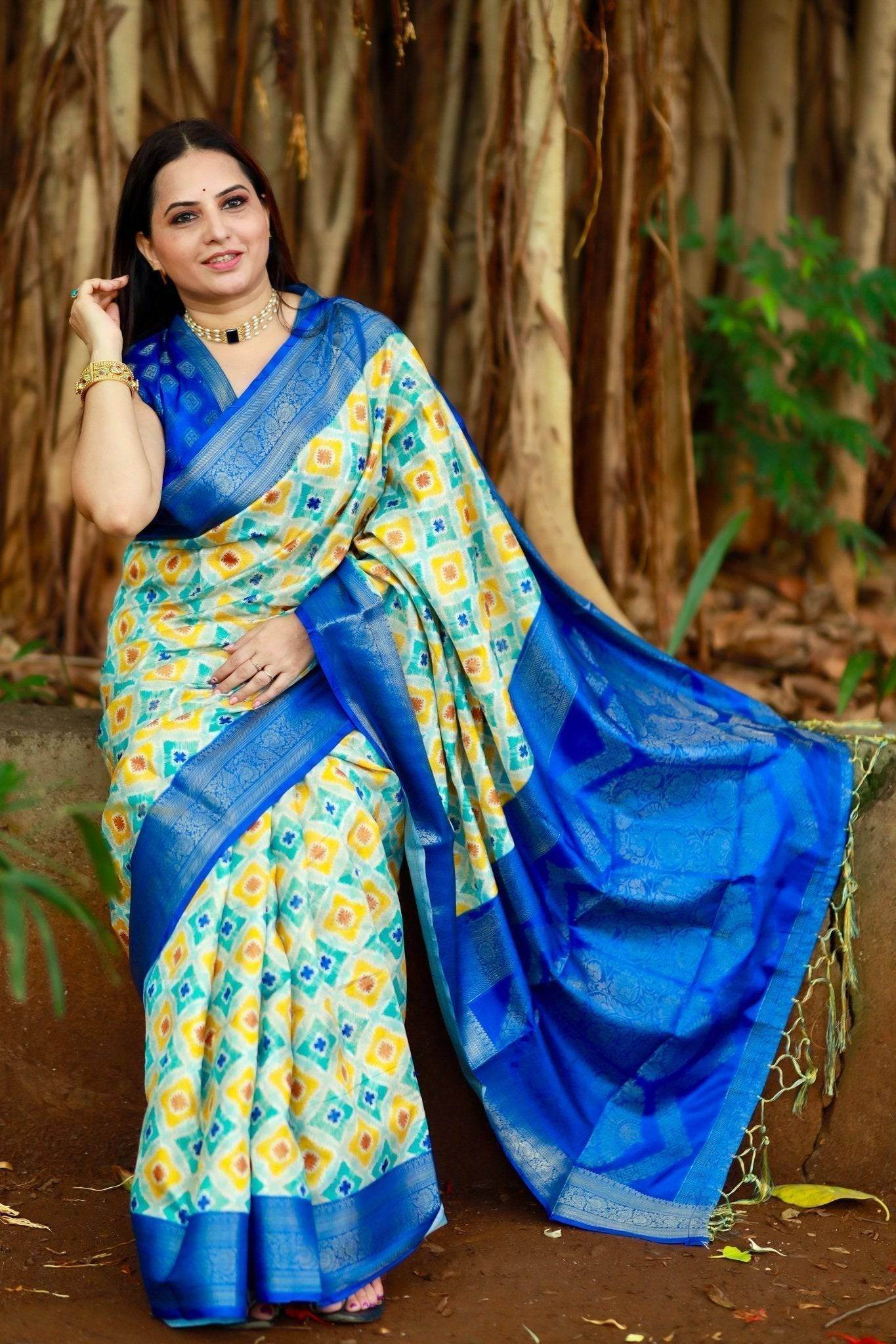 Vibrant Banarasi Digital Printed Saree with Royal Blue Zari Border - SEEANS