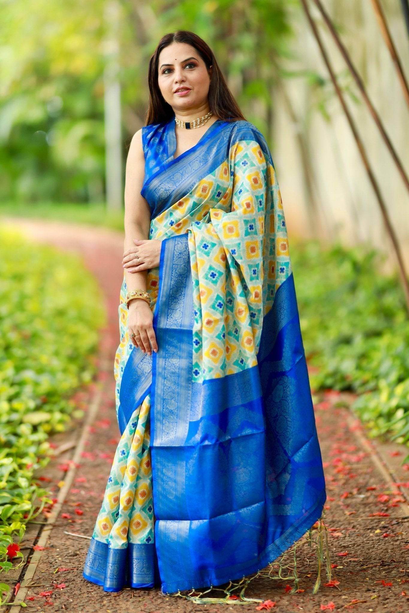 Vibrant Banarasi Digital Printed Saree with Royal Blue Zari Border - SEEANS