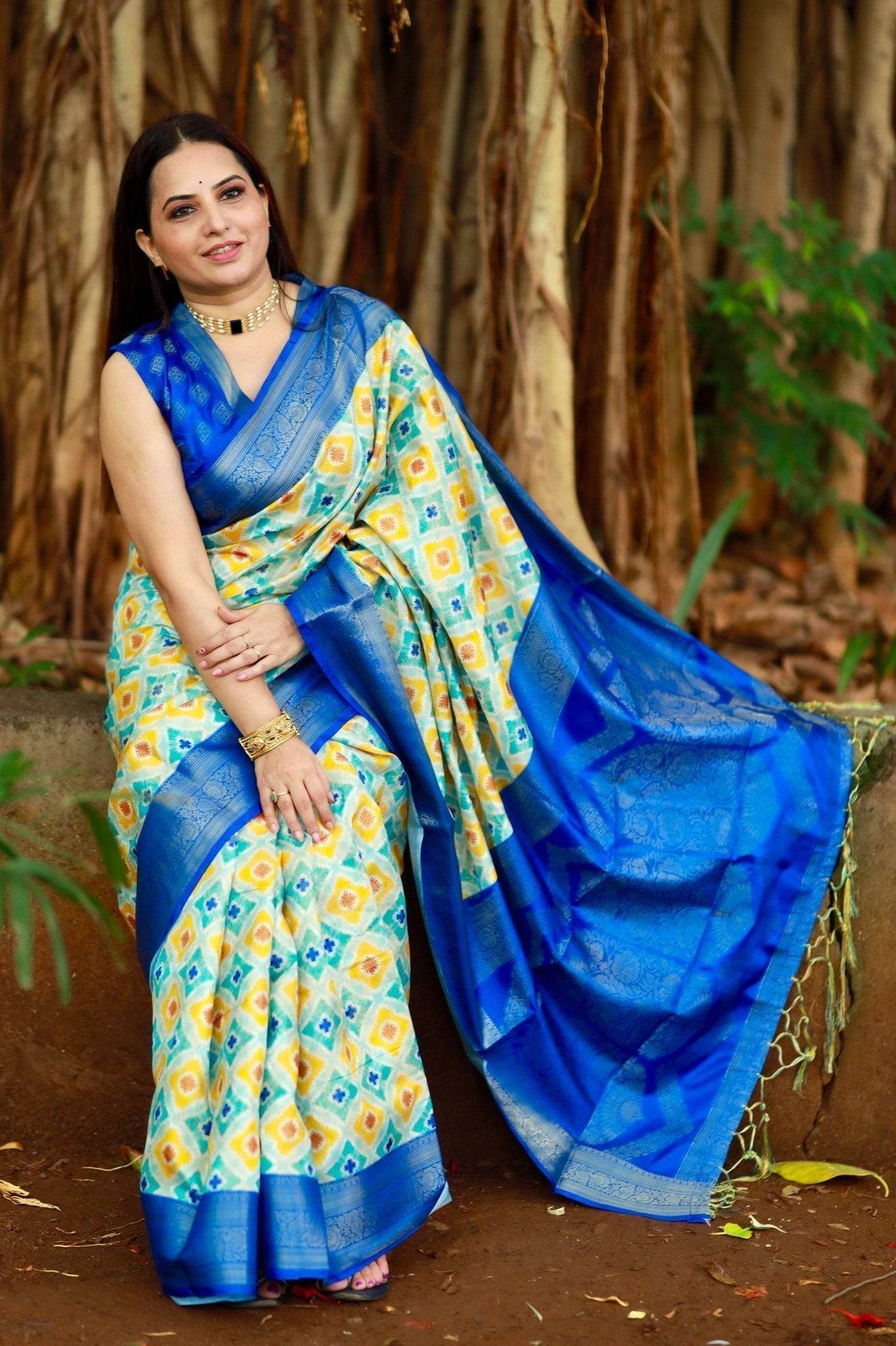 Vibrant Banarasi Digital Printed Saree with Royal Blue Zari Border - SEEANS