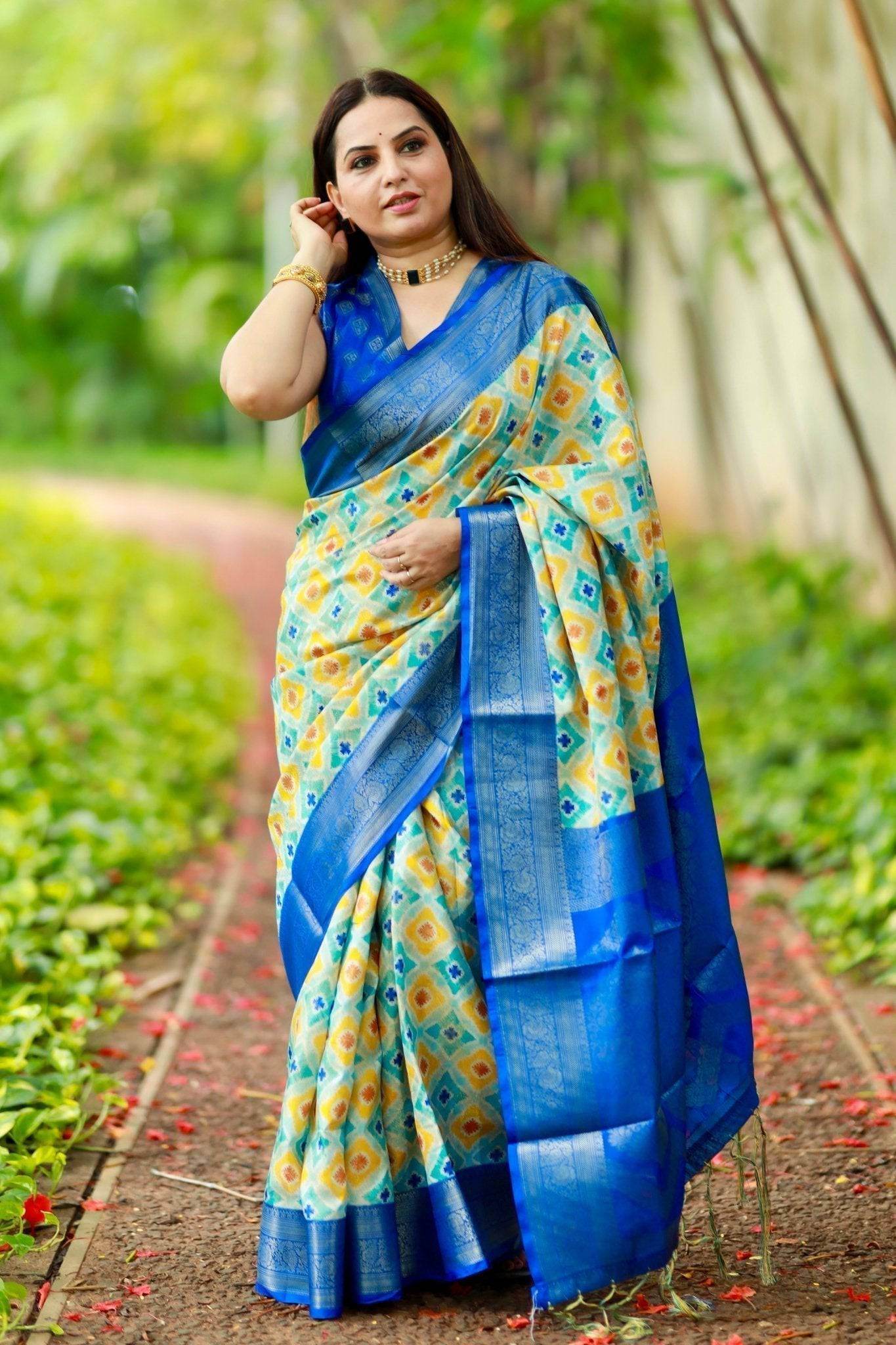 Vibrant Banarasi Digital Printed Saree with Royal Blue Zari Border - SEEANS