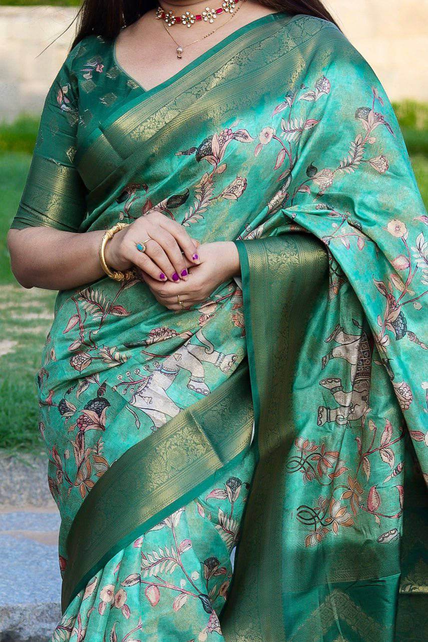 Graceful Emerald Green Banarasi Silk Saree with Floral Zari Accents - SEEANS