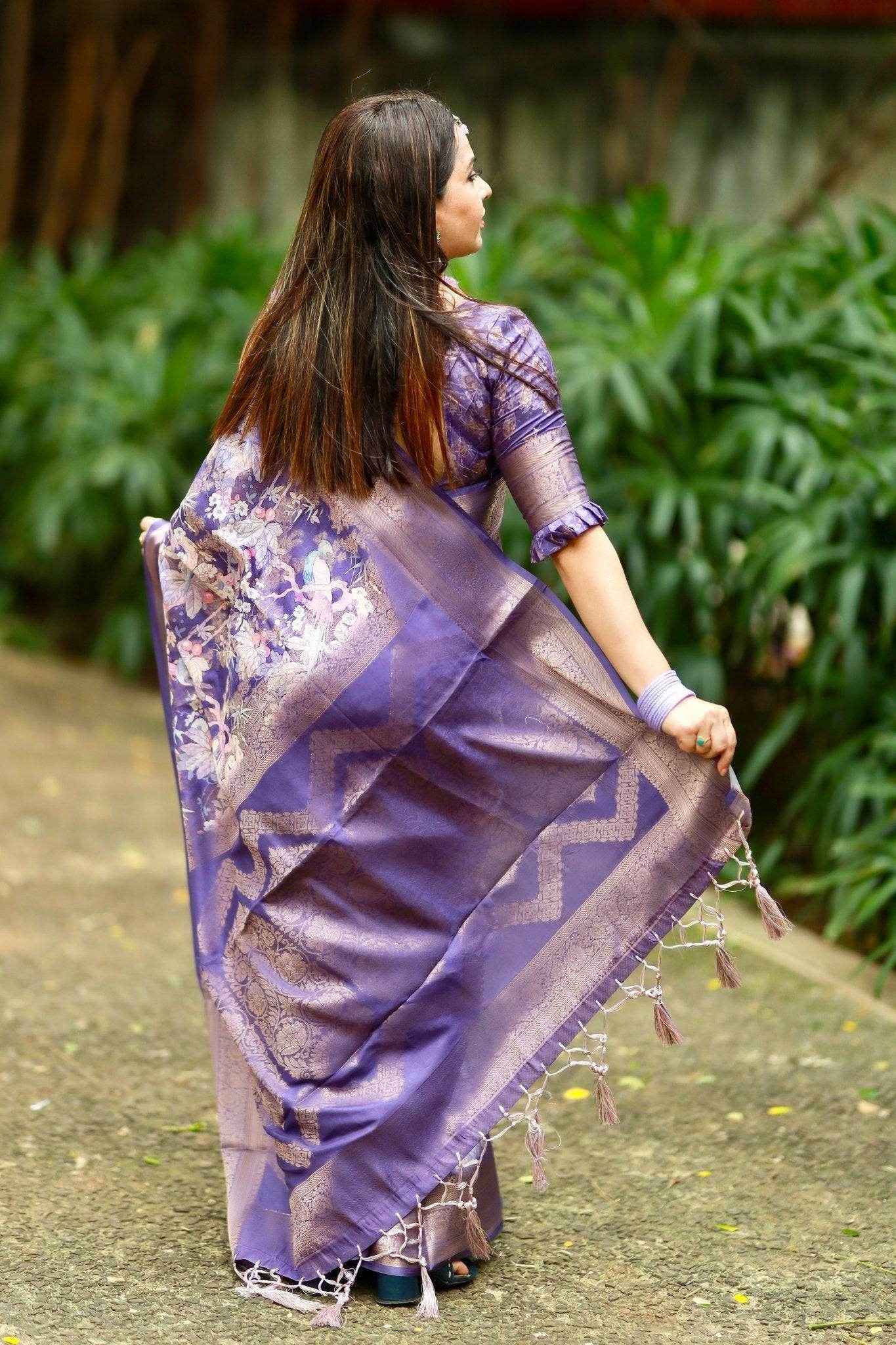 Regal Purple Banarasi Silk Saree with Floral Motifs and Elegant Tassels - SEEANS
