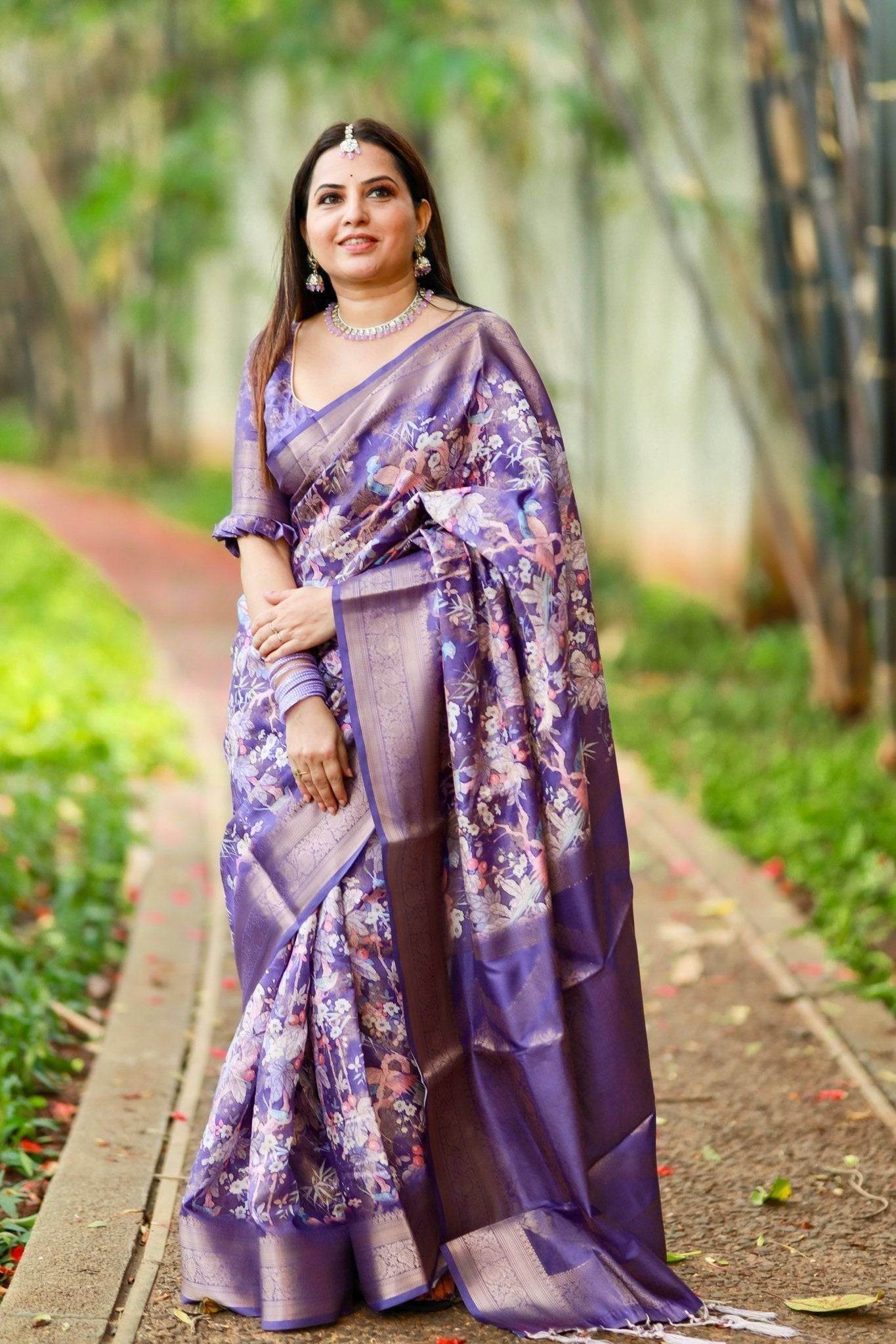 Regal Purple Banarasi Silk Saree with Floral Motifs and Elegant Tassels - SEEANS