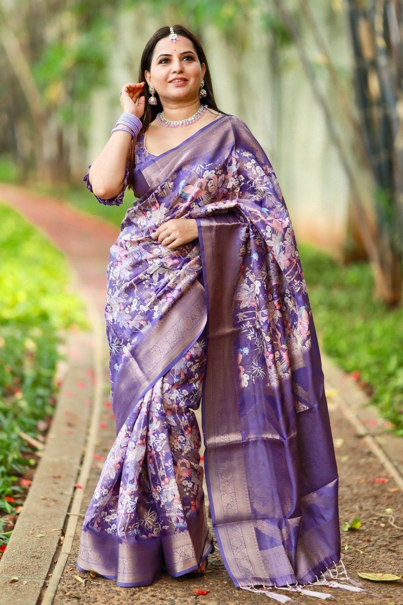 Regal Purple Banarasi Silk Saree with Floral Motifs and Elegant Tassels - SEEANS
