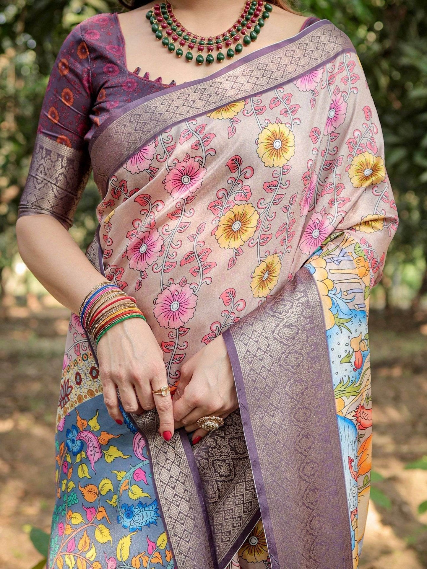 Pastel Beige Tussar Silk Saree with Vibrant Floral Motifs and Zari Border - SEEANS