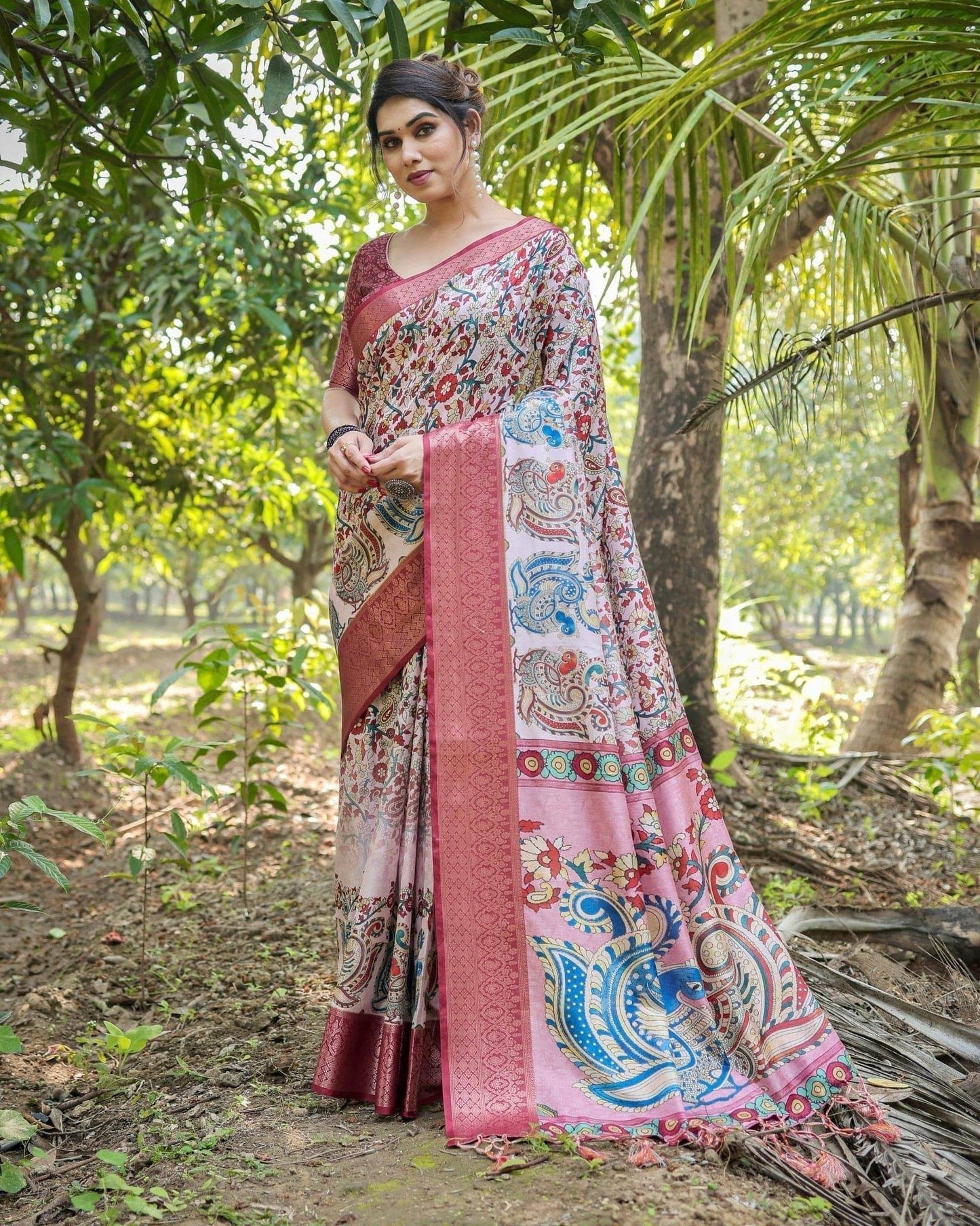 Blush Pink Digital Print Tussar Silk Saree with Zari Border and Peacock Motif Pallu - SEEANS