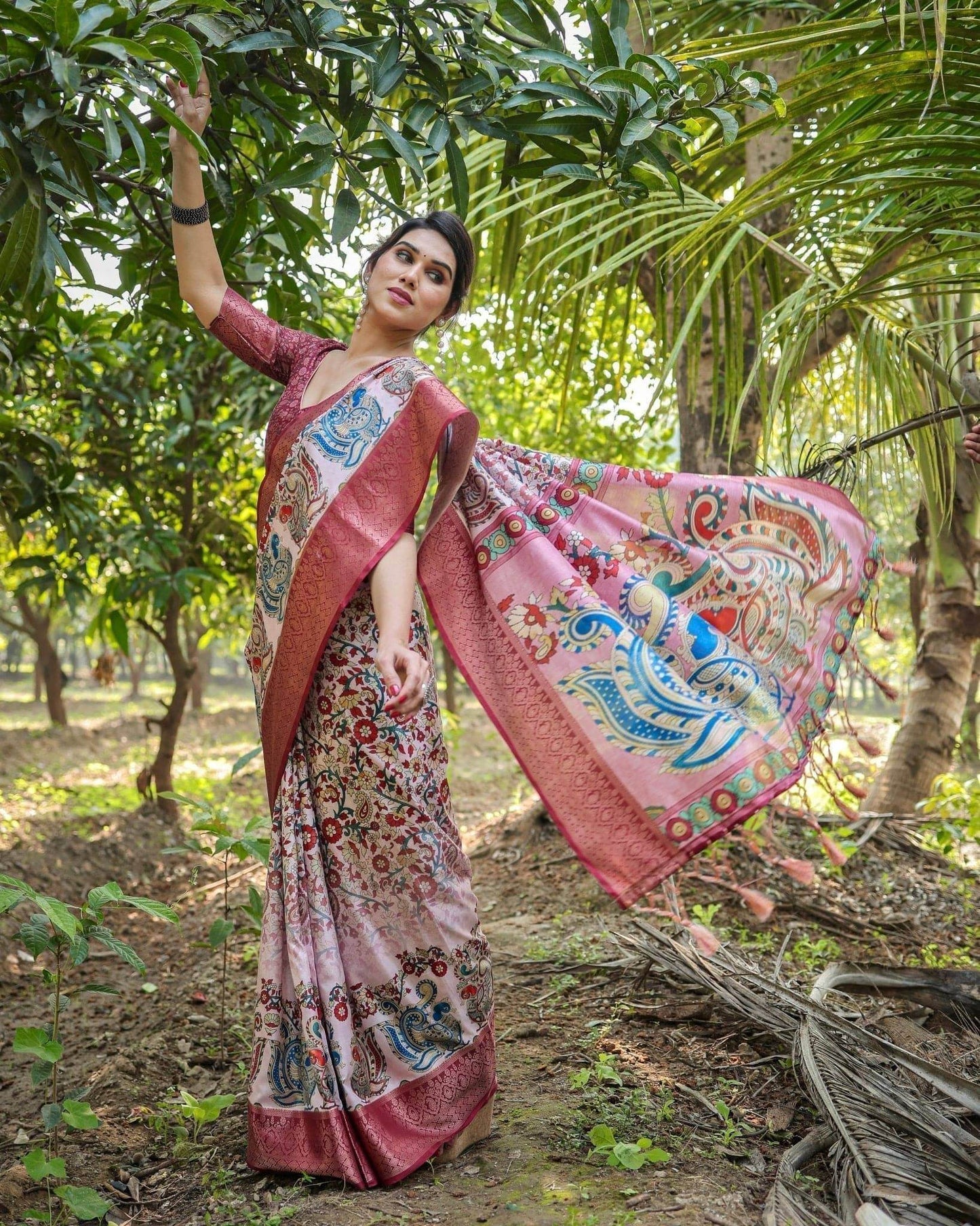 Blush Pink Digital Print Tussar Silk Saree with Zari Border and Peacock Motif Pallu - SEEANS