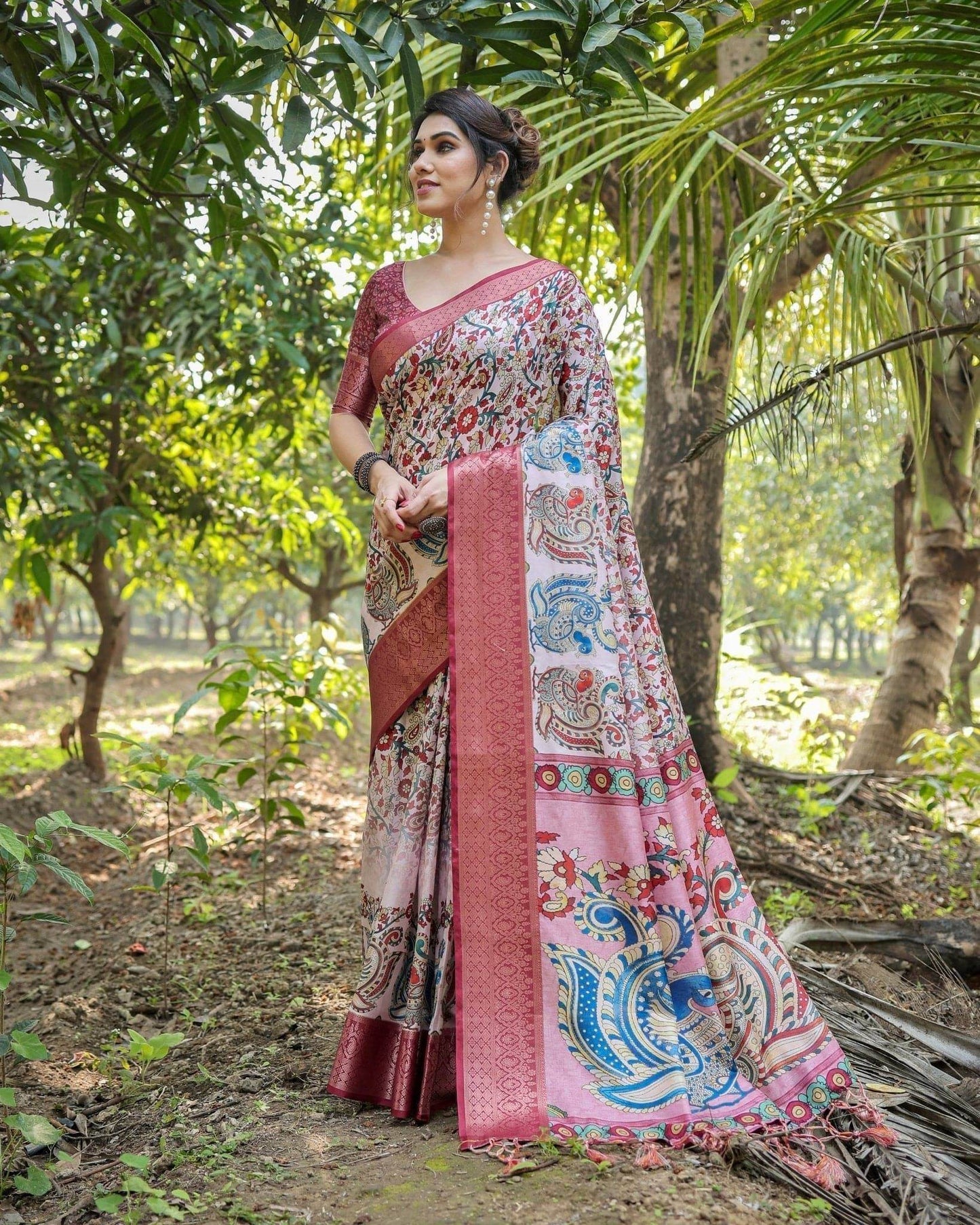 Blush Pink Digital Print Tussar Silk Saree with Zari Border and Peacock Motif Pallu - SEEANS
