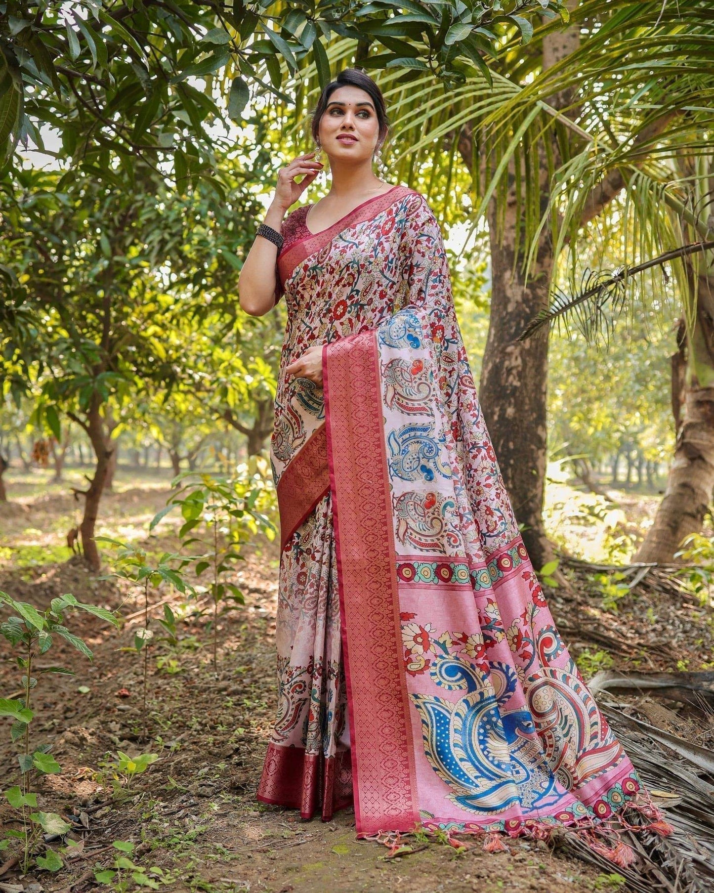 Blush Pink Digital Print Tussar Silk Saree with Zari Border and Peacock Motif Pallu - SEEANS