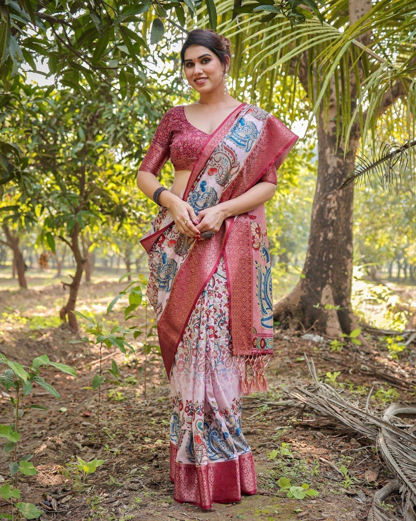 Blush Pink Digital Print Tussar Silk Saree with Zari Border and Peacock Motif Pallu - SEEANS