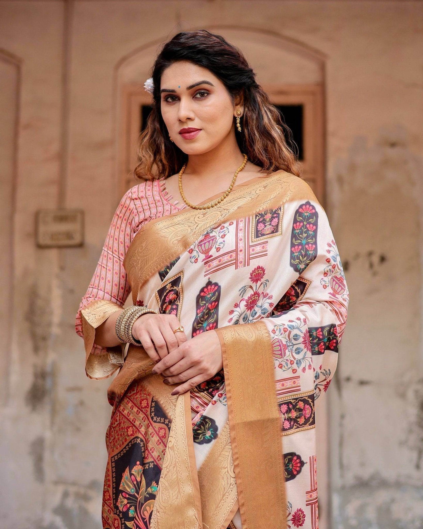 Ivory Tussar Silk Saree with Artistic Floral Motifs and Gleaming Golden Zari Border - SEEANS