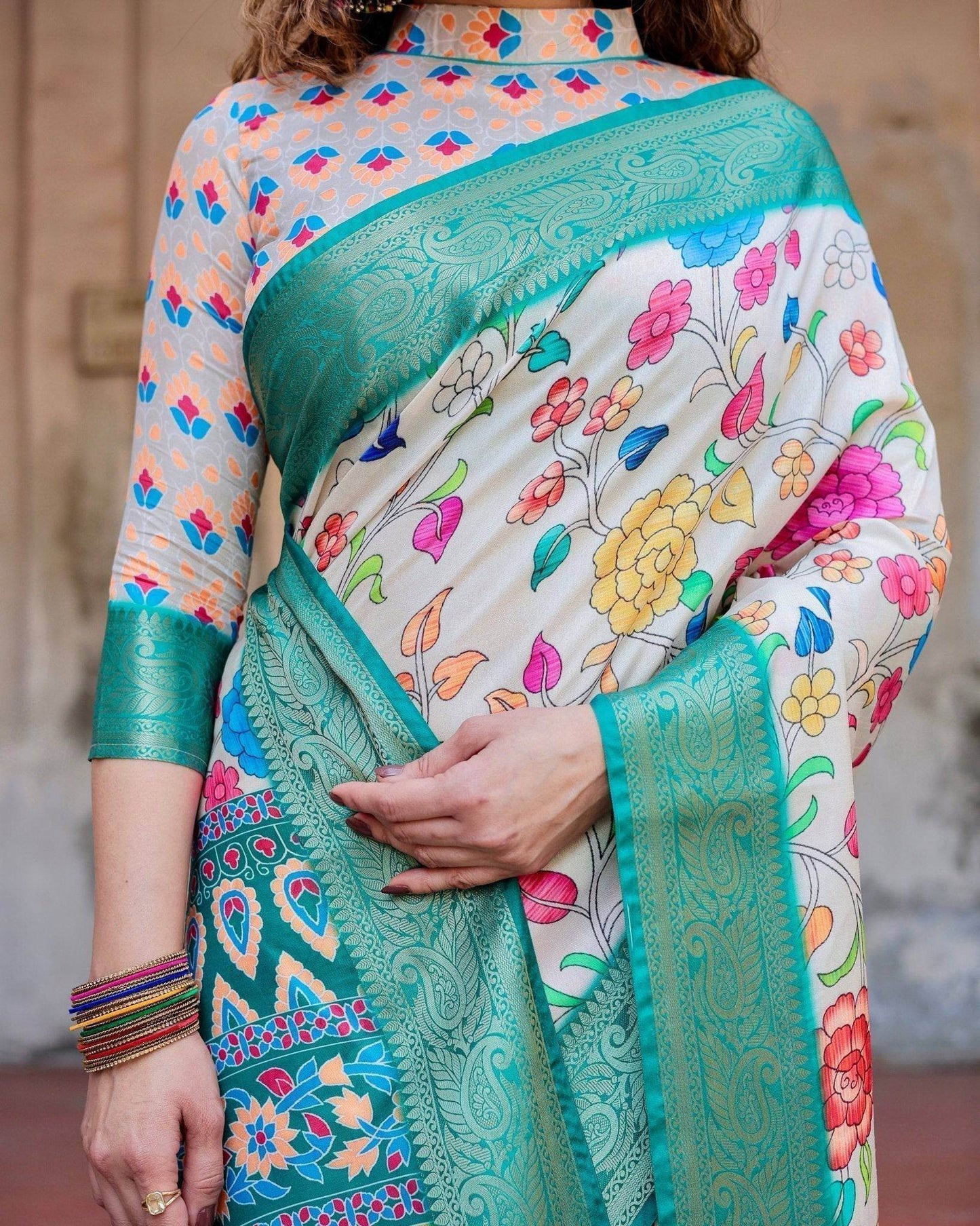 Elegant Multicolor Floral Digital Print Saree with Ornate Green Border and Artistic Pallu - SEEANS