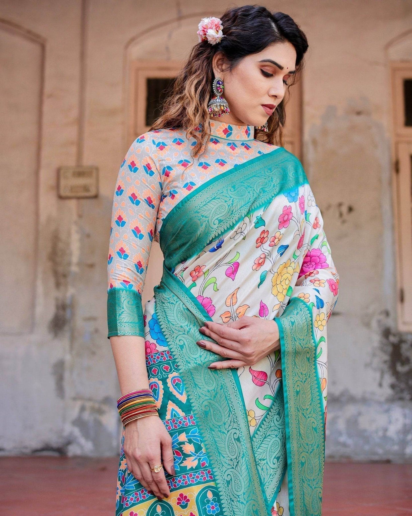 Elegant Multicolor Floral Digital Print Saree with Ornate Green Border and Artistic Pallu - SEEANS