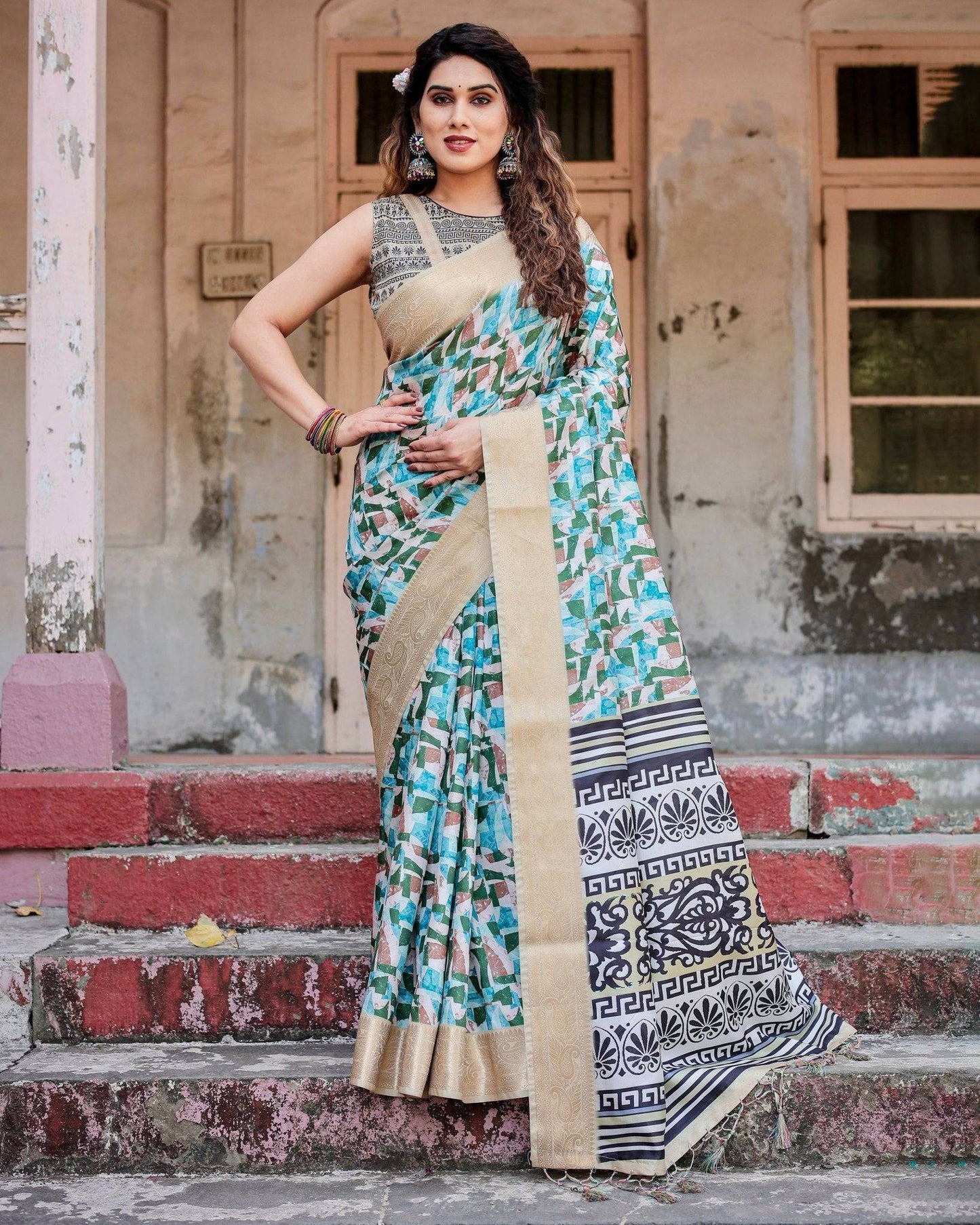 Contemporary Abstract Print Saree with Gold Border and Monochrome Patterned Pallu - SEEANS