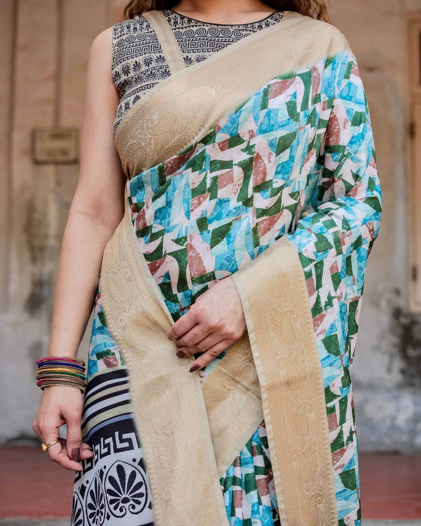 Contemporary Abstract Print Saree with Gold Border and Monochrome Patterned Pallu - SEEANS