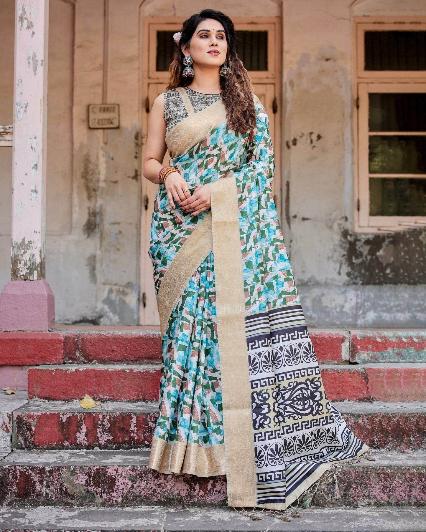 Contemporary Abstract Print Saree with Gold Border and Monochrome Patterned Pallu - SEEANS