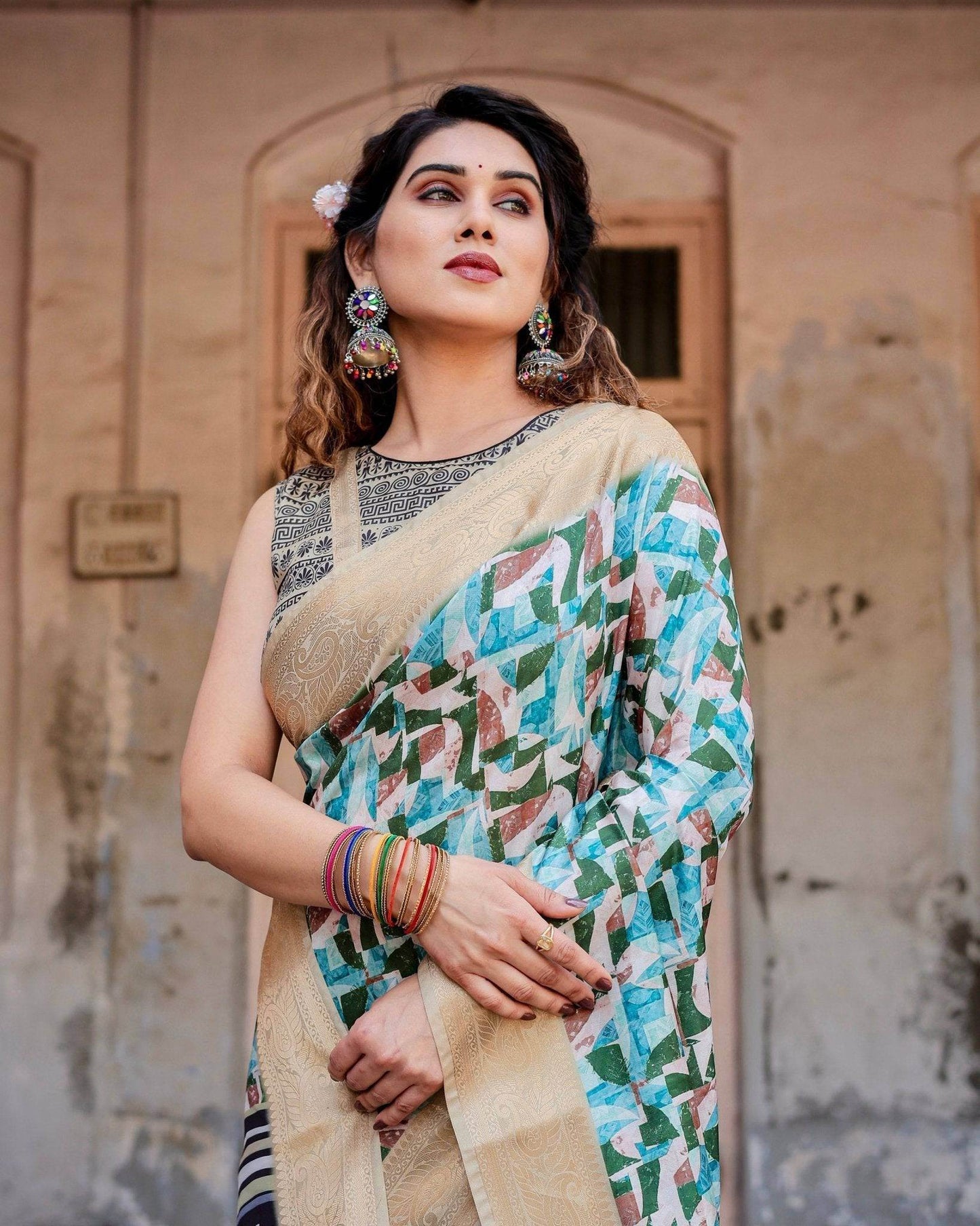Contemporary Abstract Print Saree with Gold Border and Monochrome Patterned Pallu - SEEANS