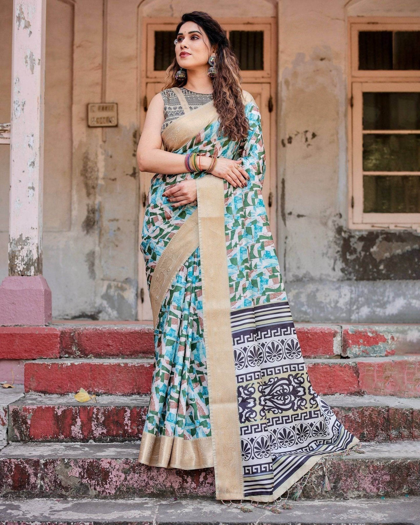 Contemporary Abstract Print Saree with Gold Border and Monochrome Patterned Pallu - SEEANS