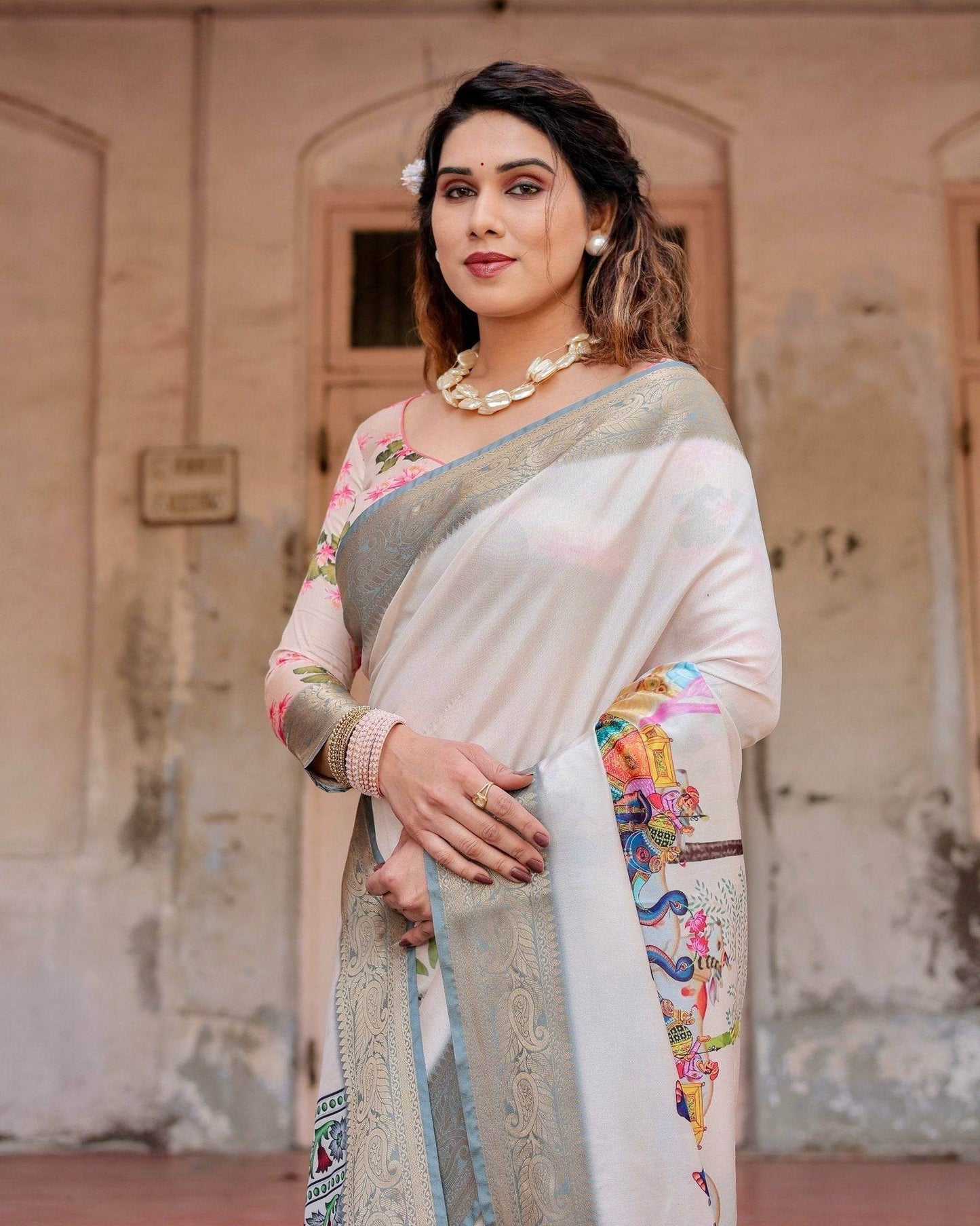 Ivory Tussar Silk Saree with Handcrafted Elephant Motif Pallu and Golden Zari Border - SEEANS