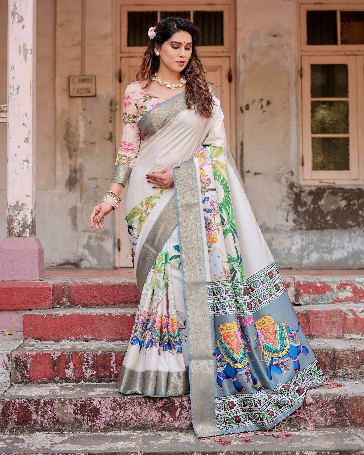 Ivory Tussar Silk Saree with Handcrafted Elephant Motif Pallu and Golden Zari Border - SEEANS