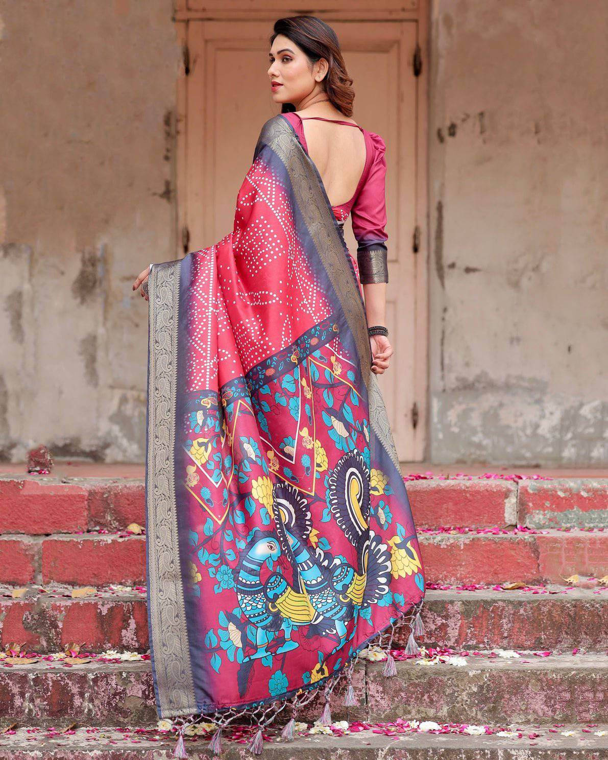 Crimson Red Tussar Silk Saree with Bandhani Patterns, Zari Border, and Vibrant Artistic Pallu - SEEANS