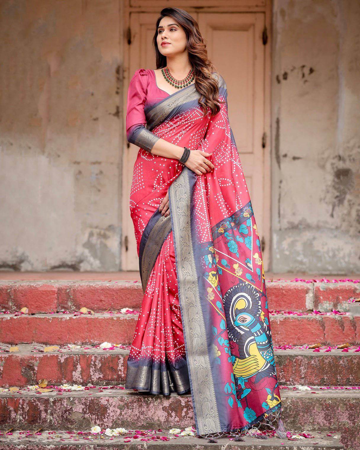 Crimson Red Tussar Silk Saree with Bandhani Patterns, Zari Border, and Vibrant Artistic Pallu - SEEANS