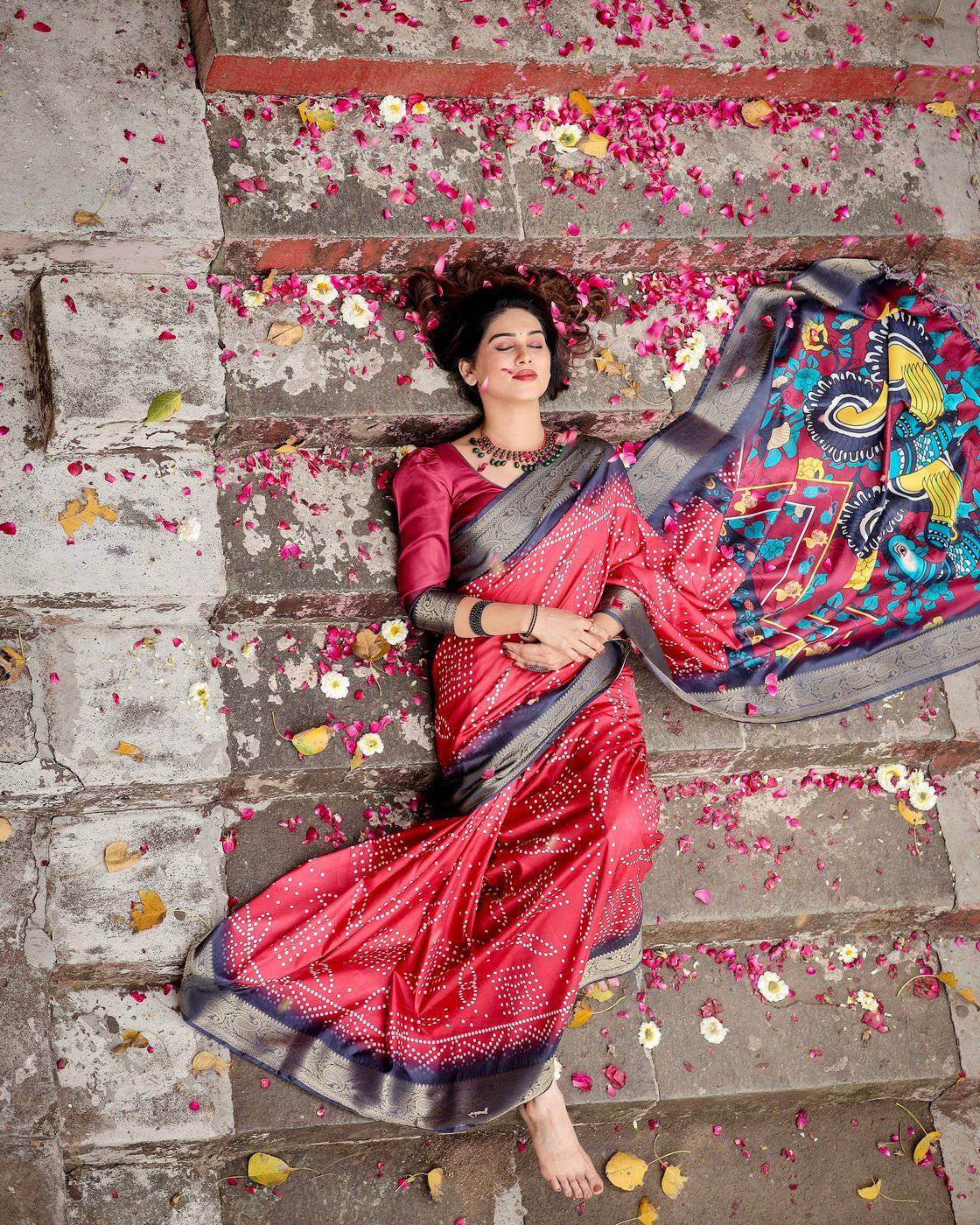 Crimson Red Tussar Silk Saree with Bandhani Patterns, Zari Border, and Vibrant Artistic Pallu - SEEANS