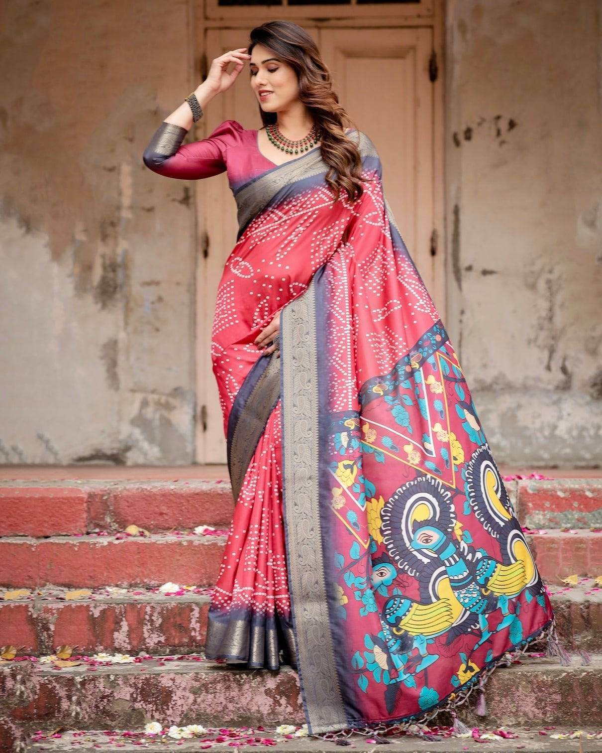 Crimson Red Tussar Silk Saree with Bandhani Patterns, Zari Border, and Vibrant Artistic Pallu - SEEANS