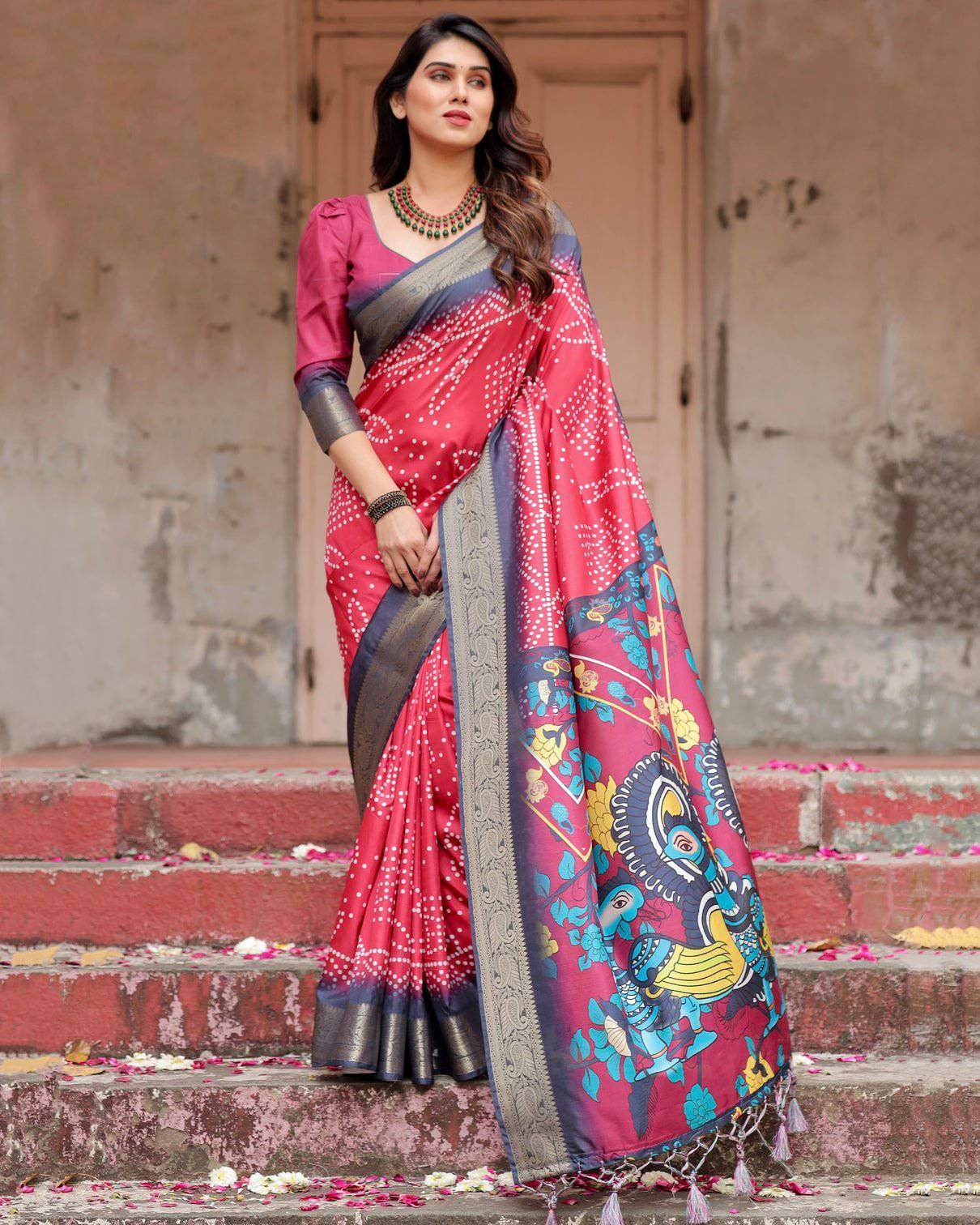 Crimson Red Tussar Silk Saree with Bandhani Patterns, Zari Border, and Vibrant Artistic Pallu - SEEANS