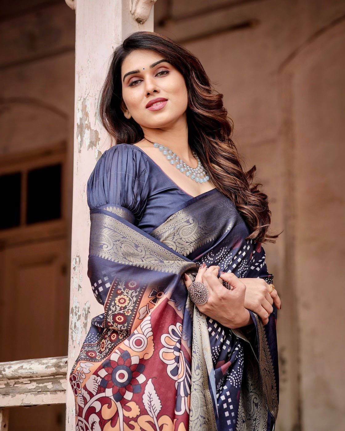 Navy Blue Tussar Silk Saree with Geometric Patterns, Zari Border, and Vibrant Pallu - SEEANS