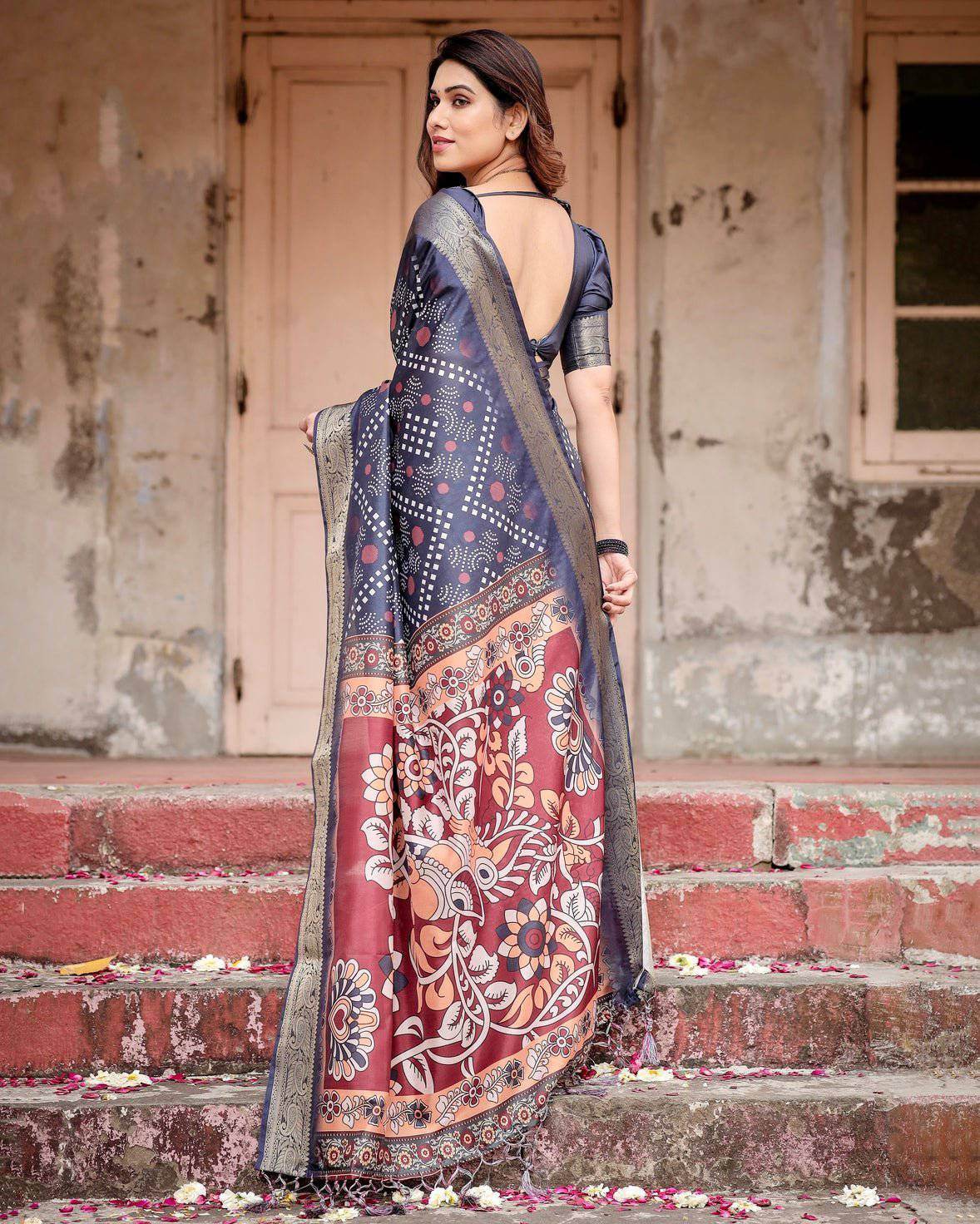 Navy Blue Tussar Silk Saree with Geometric Patterns, Zari Border, and Vibrant Pallu - SEEANS
