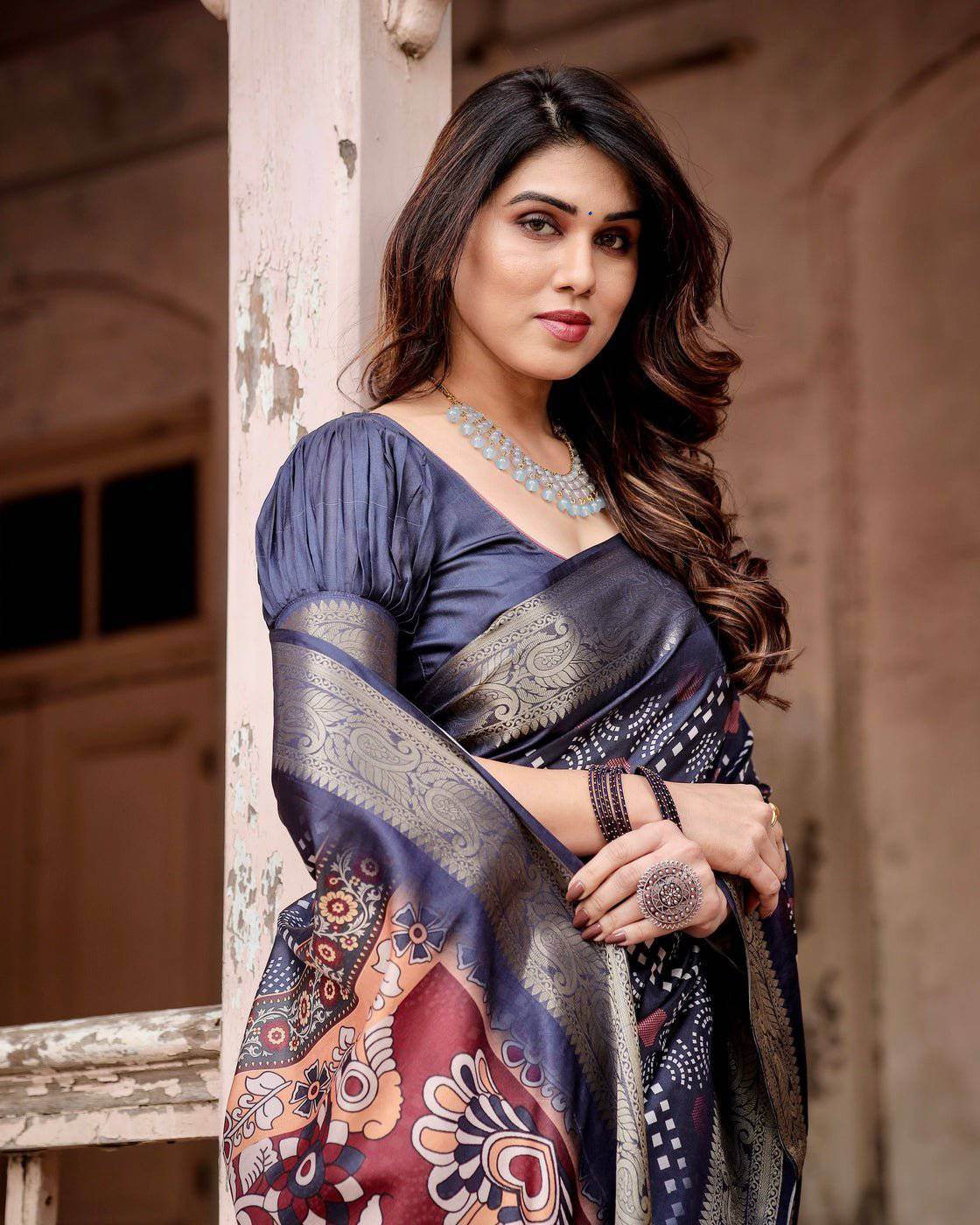 Navy Blue Tussar Silk Saree with Geometric Patterns, Zari Border, and Vibrant Pallu - SEEANS