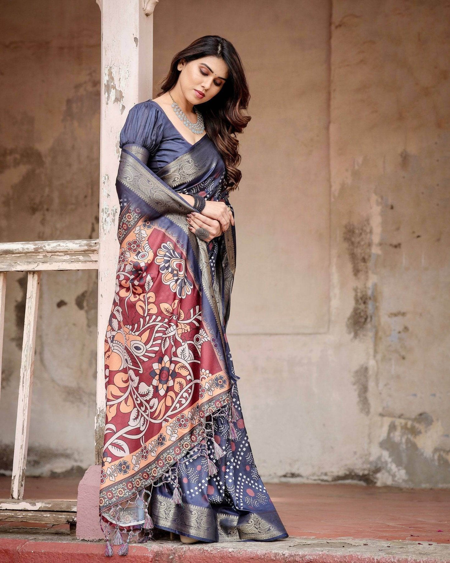 Navy Blue Tussar Silk Saree with Geometric Patterns, Zari Border, and Vibrant Pallu - SEEANS