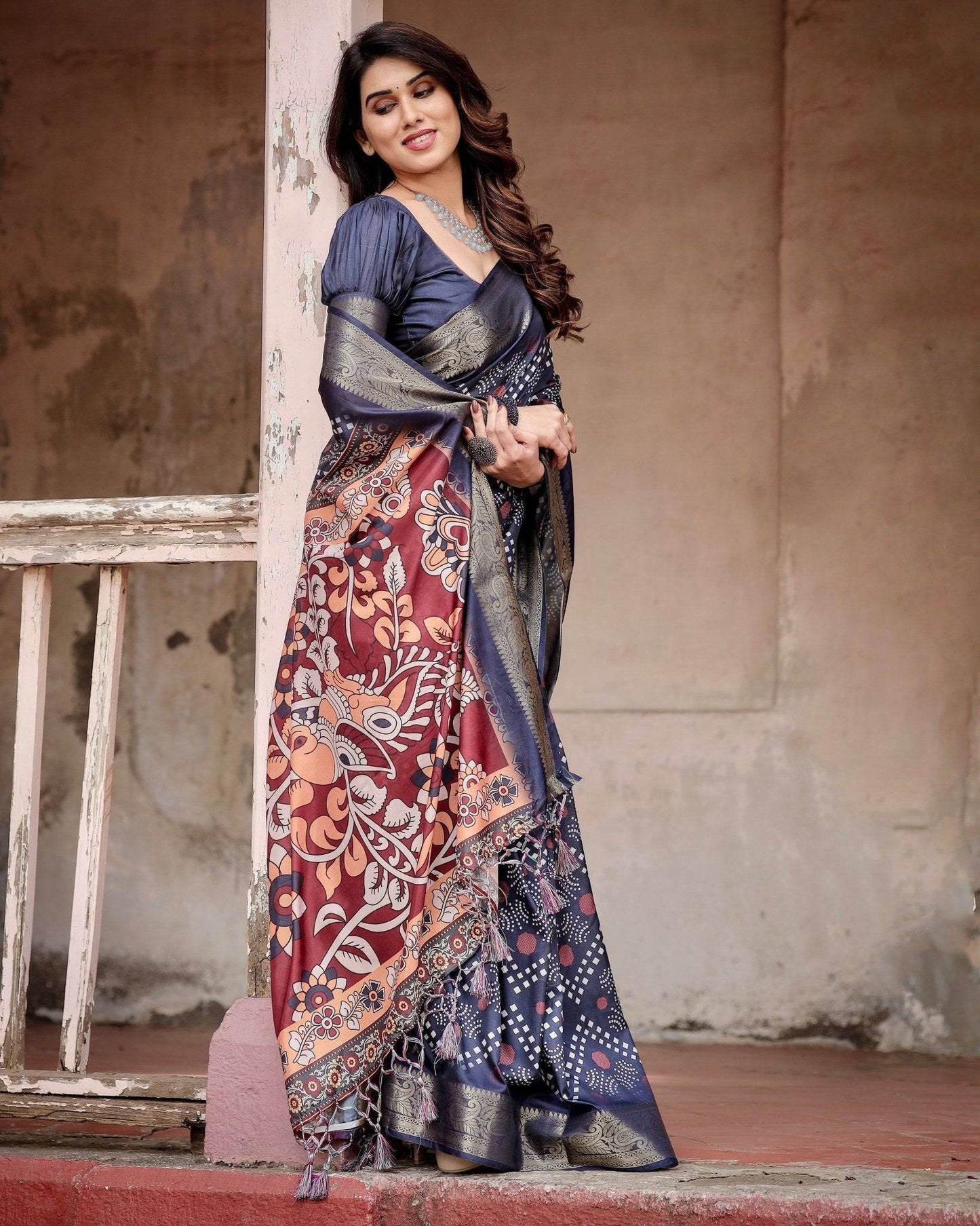 Navy Blue Tussar Silk Saree with Geometric Patterns, Zari Border, and Vibrant Pallu - SEEANS
