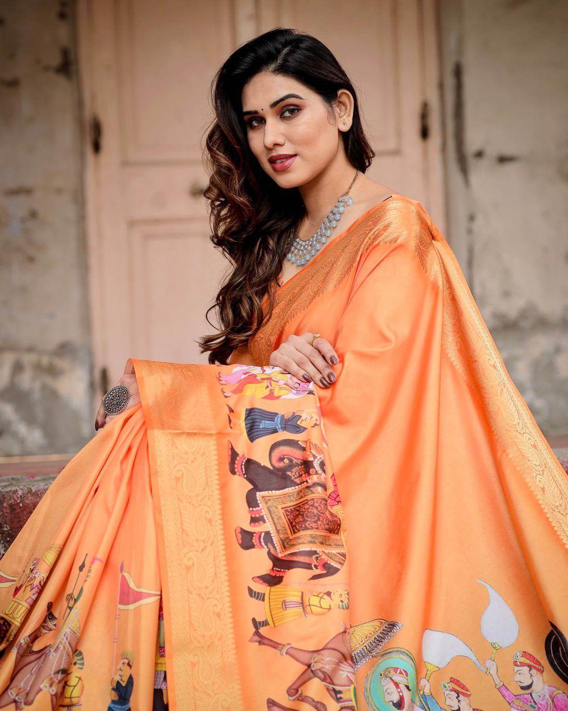 Sunset Orange Tussar Silk Saree with Royal Procession Pallu and Zari Border - SEEANS